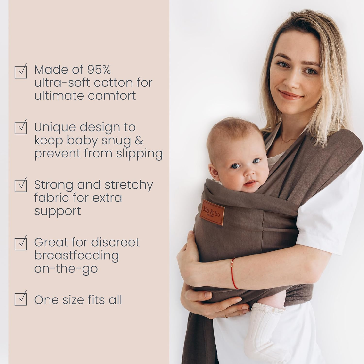 Baby Wrap Carrier - Premium Cotton Baby Carrier Wrap for Newborn to Toddler- Infant Carrier for Babies 8-35 Lb - Baby Holder One Size Fits All with Front Pocket by Max&So image number 3
