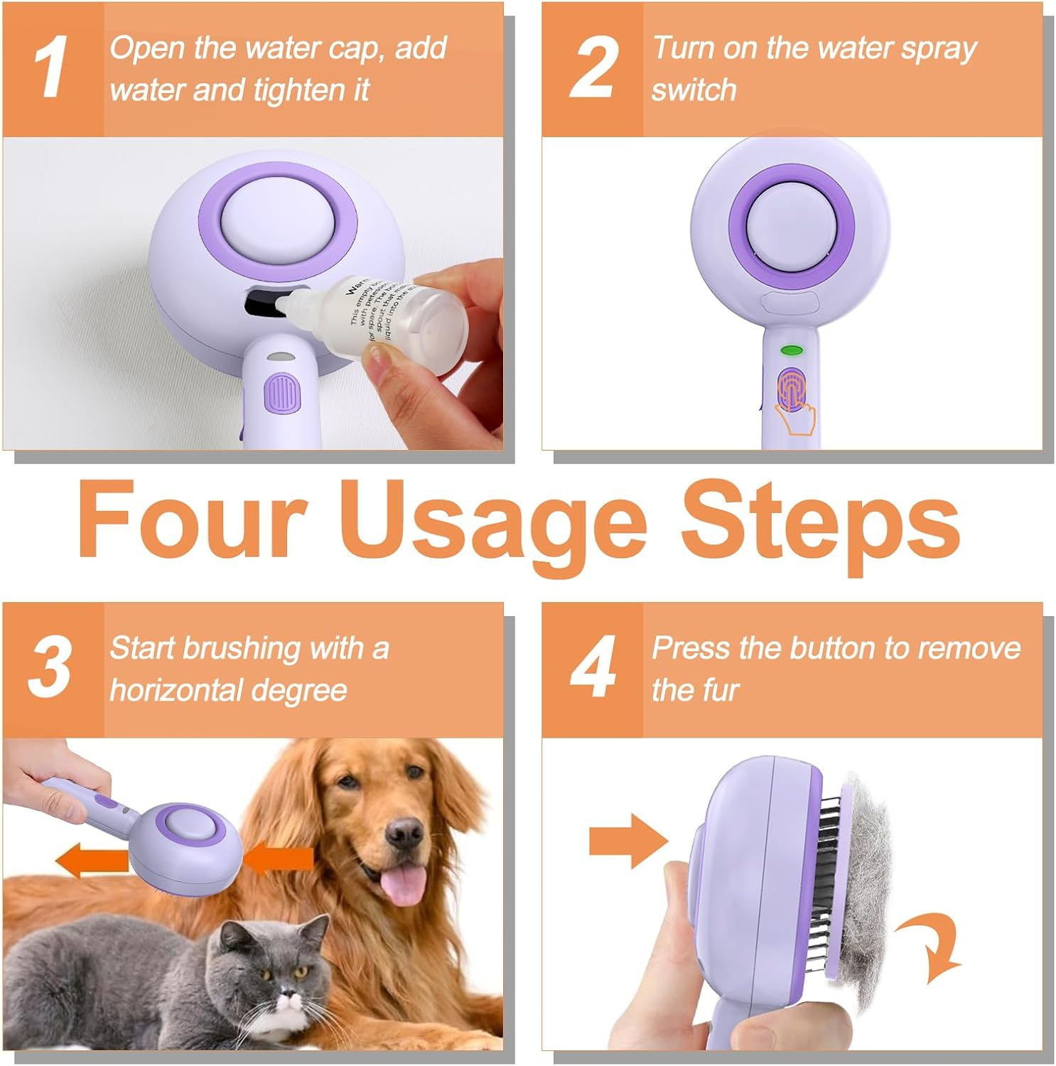 Cat Brush with Steam, 3-In-1 Steam Brush, Cat Brush with Self-Cleaning, One Button with Water Tank and Spray, anti Static Electricity and Tangle, Steamy Brush for Cats, Dogs, Purple image number 2