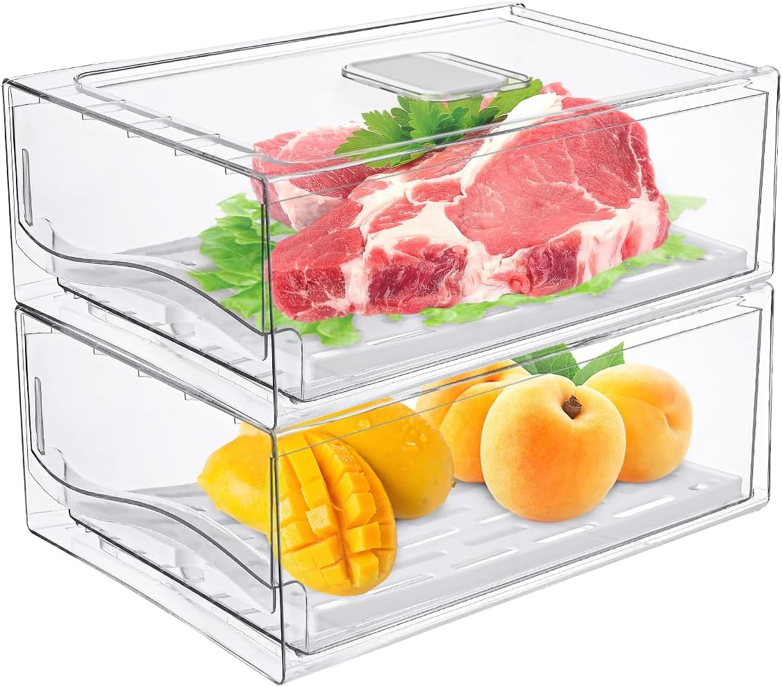 Anshine 2 Pack Clear Fridge Organizer,Pull Out Stackable Fridge Organiser with Lids、Draining Tray and Drawer, Storage Containers with Ventilation System for Kitchen Organization (2 Pack Large Size)
