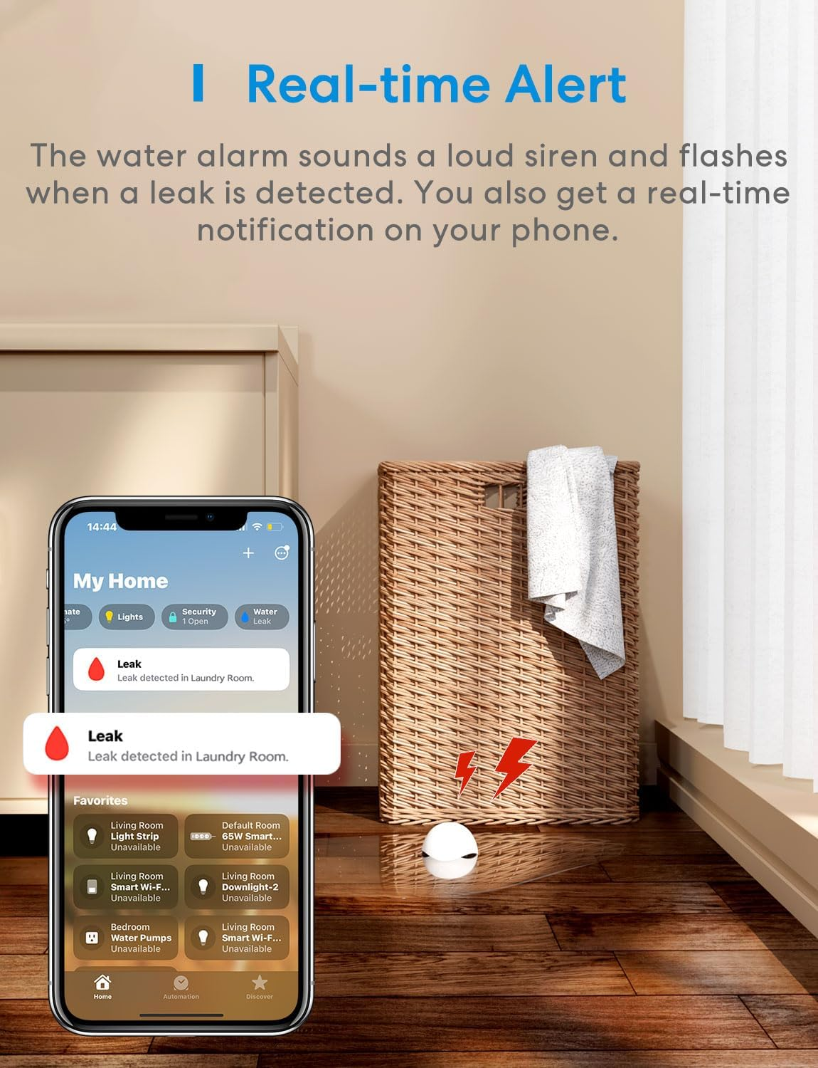 Meross Water Leak Detector, Smart Water Alarm with Hub, App Alert, Replaceable Batteries, Wireless Flood Sensor, Interlinked, Apple Homekit Supported, IP67, for Kitchen Bathroom Basement Garage image number 4