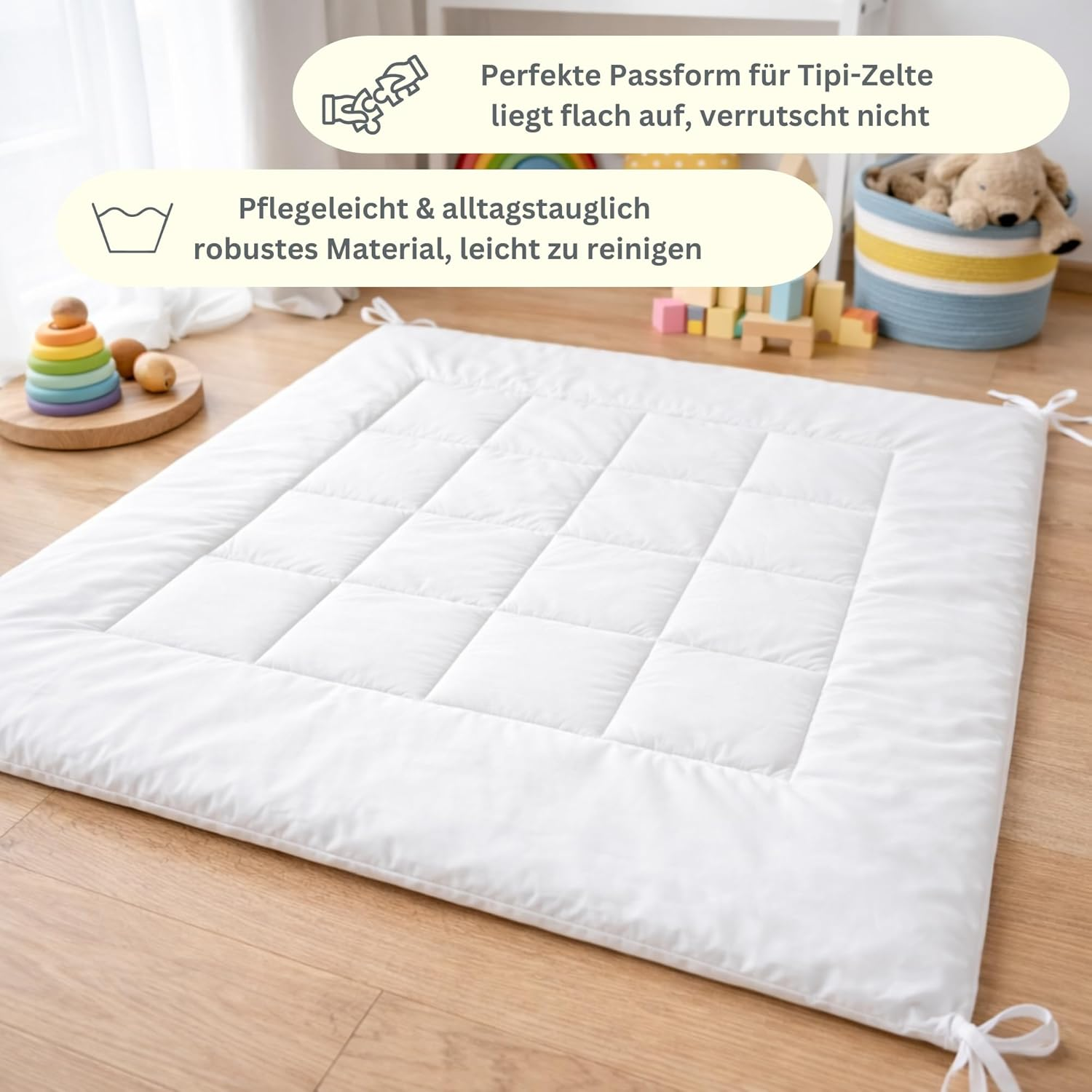 ALRITHO&reg; Floor Mat with Ribbons 120 X 120 Cm Padded Mat for Teepee Tents for Children, Play Tents, Playhouses, Cosy Play Blanket for Children, Made of Cotton [White] image number 4
