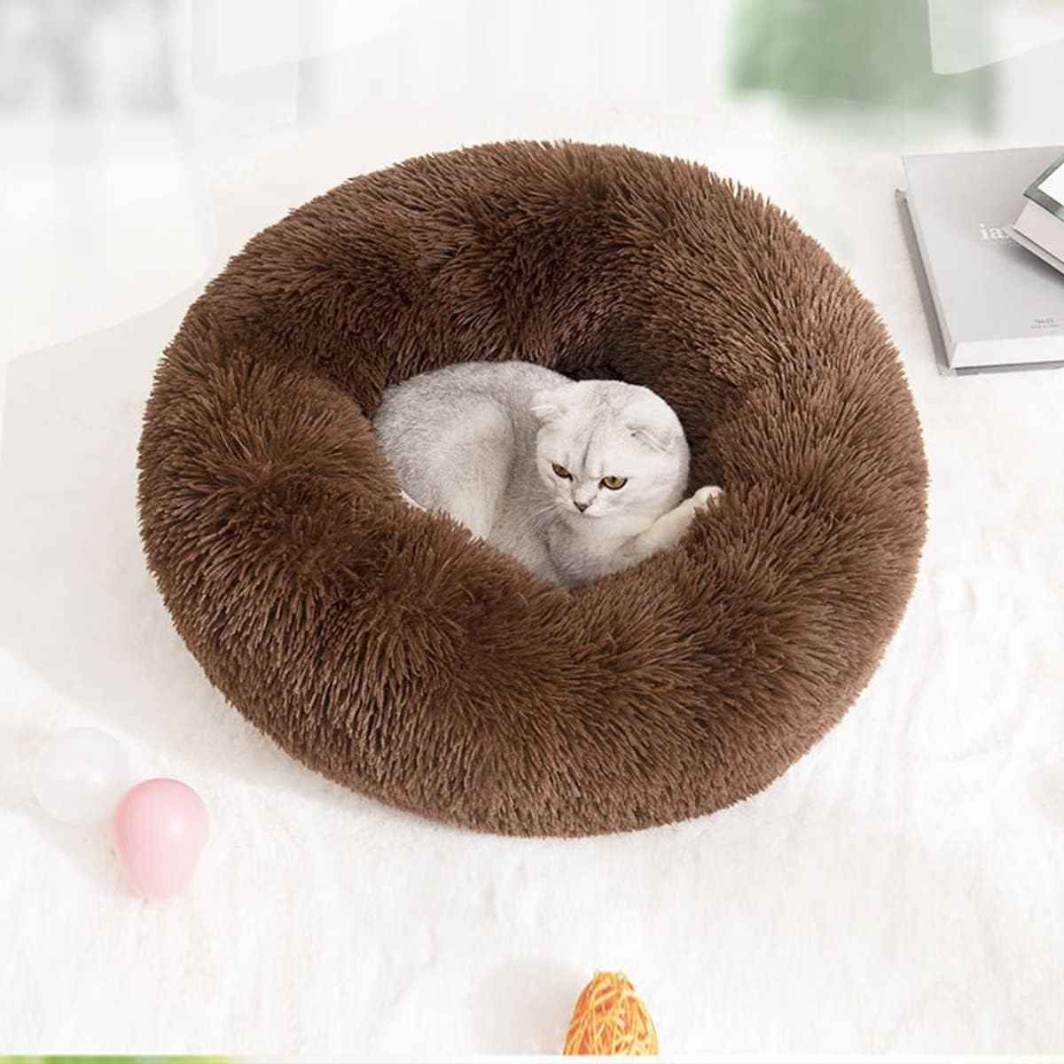 Calming Dog Bed & Cat Bed, Anti-Anxiety Donut Dog Cuddler Bed, Warming Cozy Soft Dog round Bed, Fluffy Faux Plush Dog Cat Cushion Bed Green 40X40Cm image number 6
