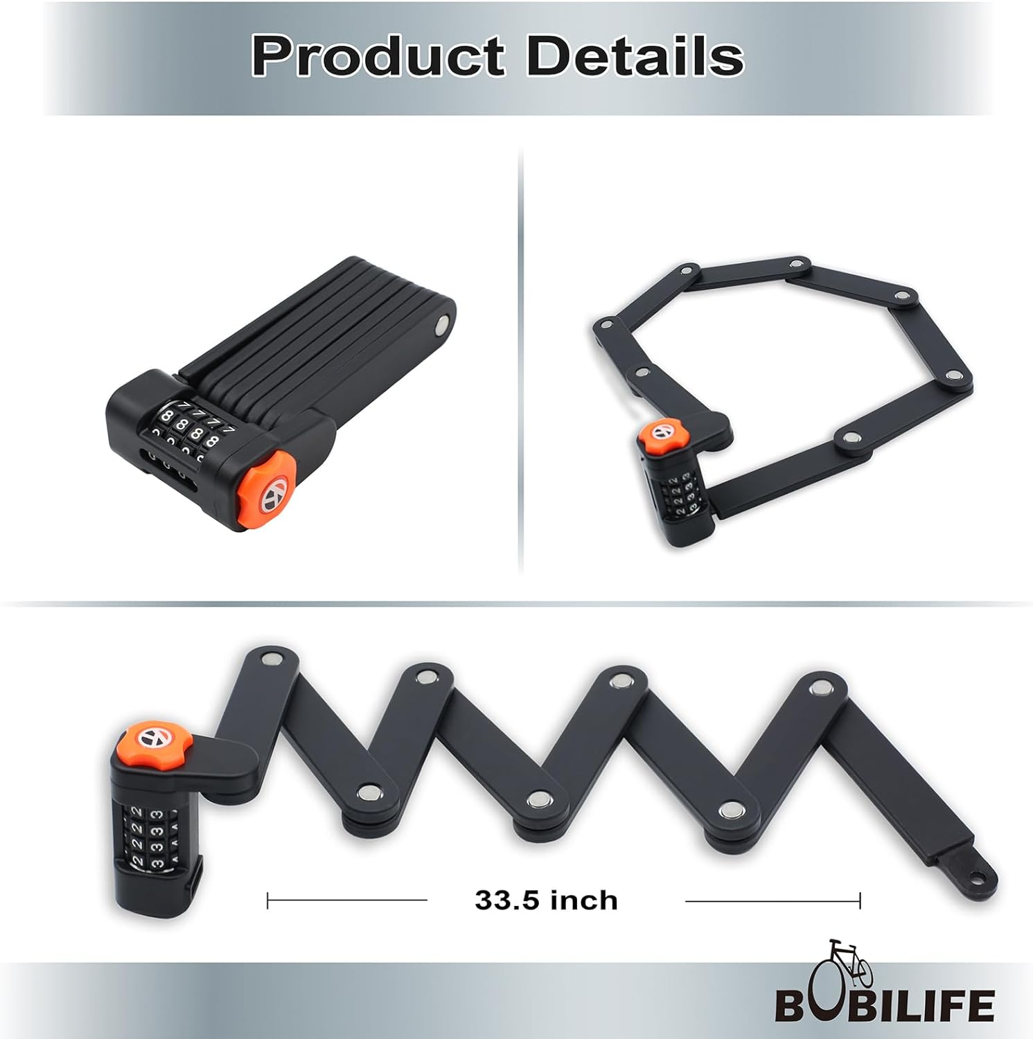 Foldable Bike Lock with Mount Bracket, 4-Digit Combination anti Theft Heavy Duty Alloy Steel Anti-Scratch Bicycle Lock, Waterproof Anti-Rust Folding Bike Chain Lock for Bike Bicycle Ebike and Scooter image number 1