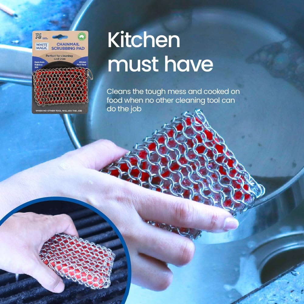 White Magic Chainmail Scrubbing Pad &ndash; Premium Stainless Steel 304, Heavy-Duty Cleaning for Stubborn Residue, Built-In Hang Loop, Dishwasher Safe, Perfect Scrubbing Power for Cast Iron Cookware image number 2