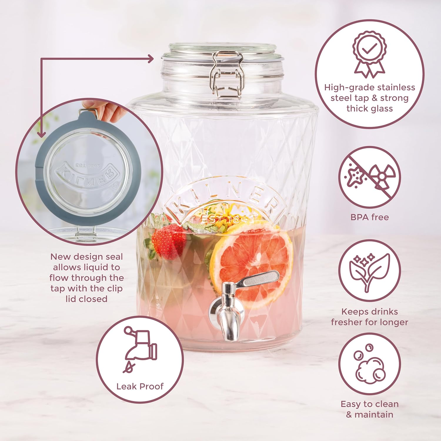 Kilner Diamond Drinks Dispenser 5 Litre Glass Beverage Server with Stainless Steel Tap, Airtight Clip-Top Lid & Silicone Seal, Ideal for Juices, Cocktails & Infused Drinks