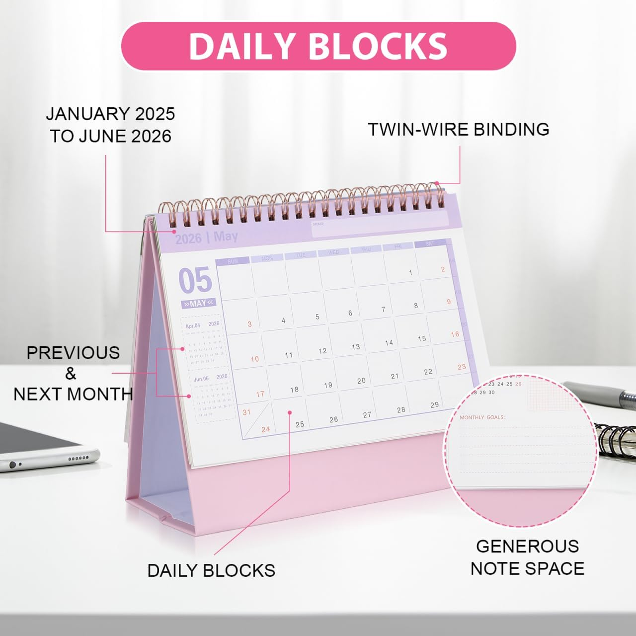 NUOBESTY Desk Calendar 2025-2026 Small Desktop Standing Flip Calendar for Home School Office Monthly Planner Pink 19X16.5Cm