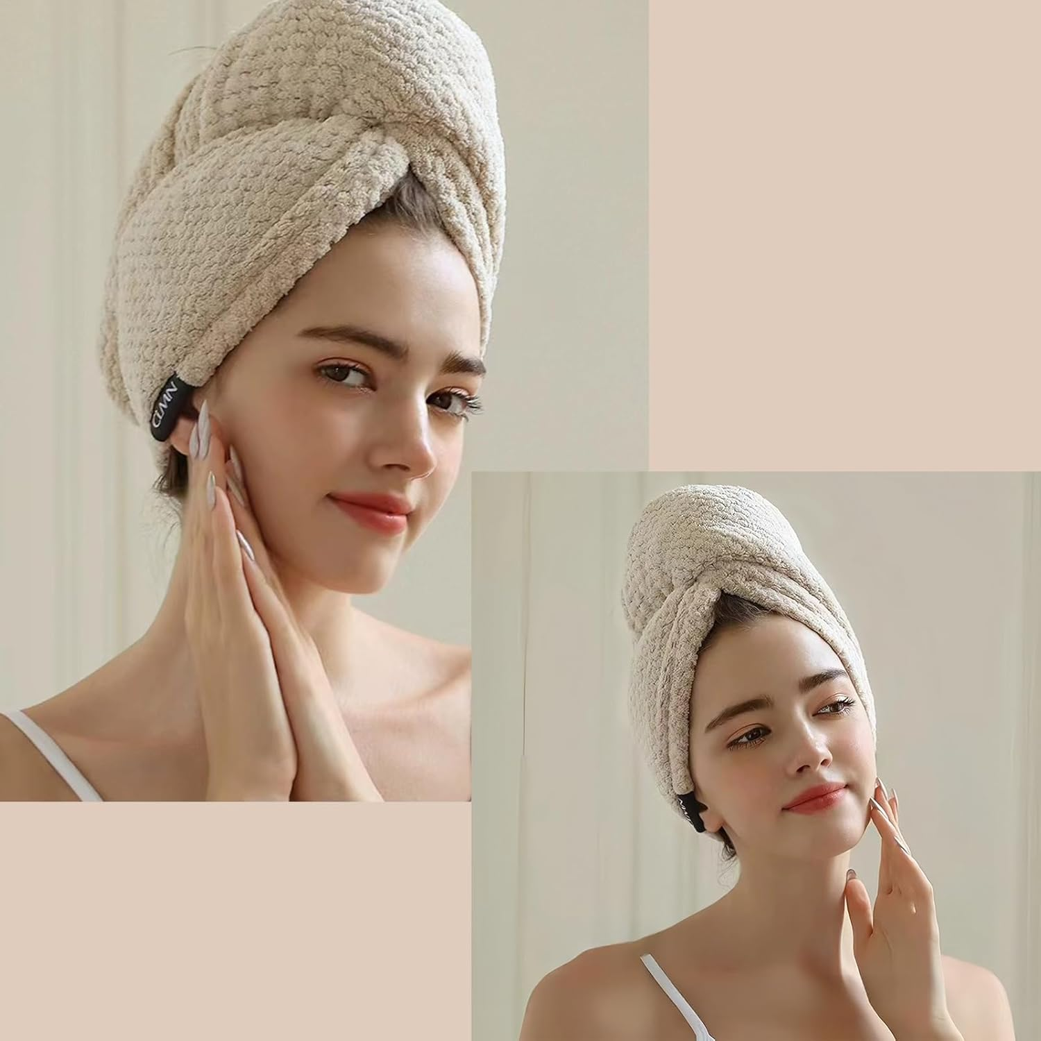 Luxury Large Hair Turban Towel for Women Girls, Quick Dry Super Absorbent Hair Drying Towel with Elastic Band, Soft and anti Frizz Hair Turban Microfibre Towel for Wet Hair Long Thick Curly image number 4