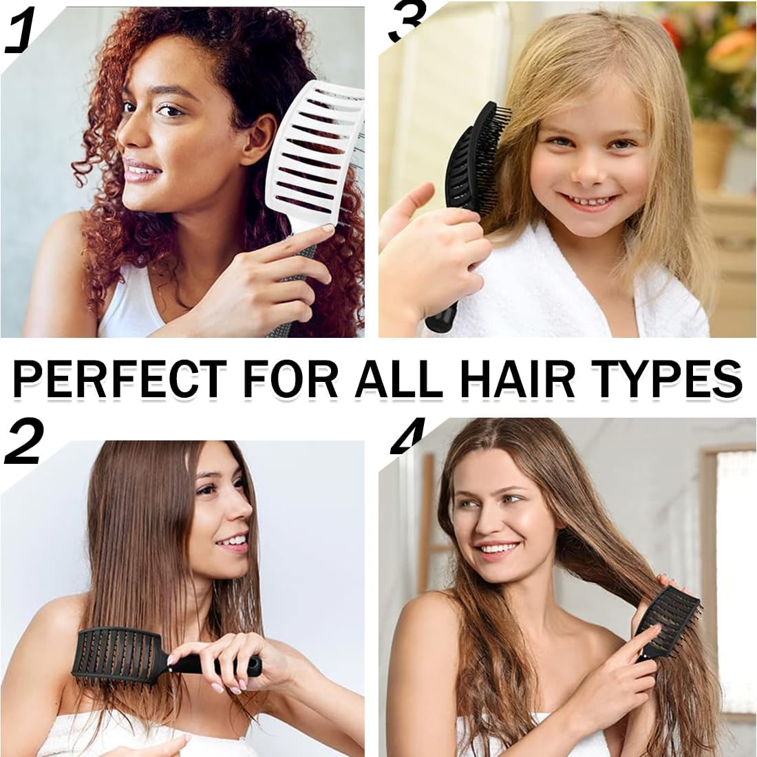 Hair Brush without Pulling, Boar Bristles Hair Brush, Boar Bristles Hair Styling Brush for Long Fine Thick Curly Hair (Pack of 2, Black and White) image number 5