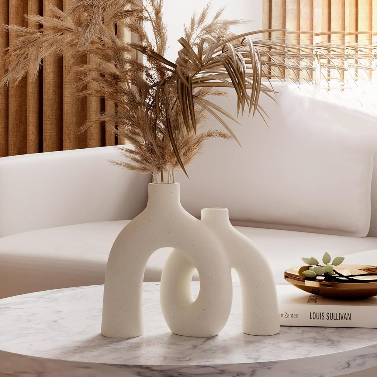 Beige Rough Texture Ceramic Vase, Decorative Arch Design, Flower Vase for Living Room Home Decor image number 4