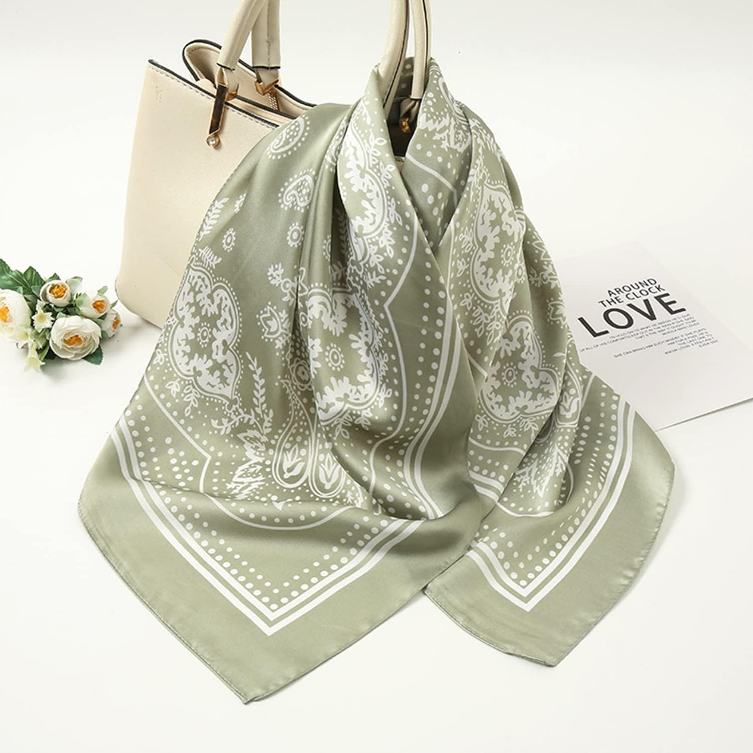 VANLINKER 27.5 Inches Silk Head Scarf for Women Men Vintage Bandanas Satin Hair Scarf Silk Wrap Neck Square Scarves VL9549 - Black+Caramel+Oatmeal image number 2