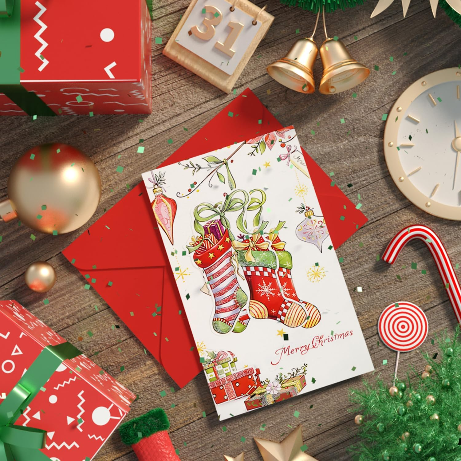 Recycled Christmas Cards with Envelopes (Set of 8), Christmas Folding Cards for Christmas Greetings - White/Red image number 3