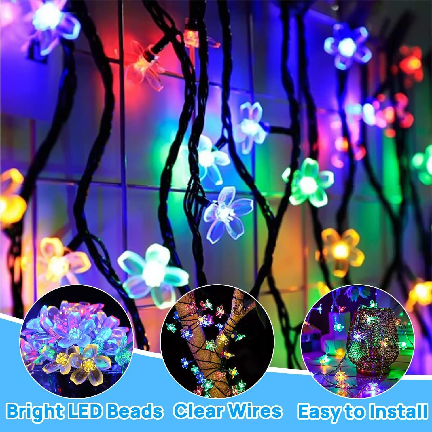 Solar Flower String Lights Outdoor, 12M/39Ft 100 LED Waterproof Cherry Blossom Fairy Lights, 8 Modes Sakura Flower Lights for Garden Christmas Party Decorations(Multi-Colour) image number 4