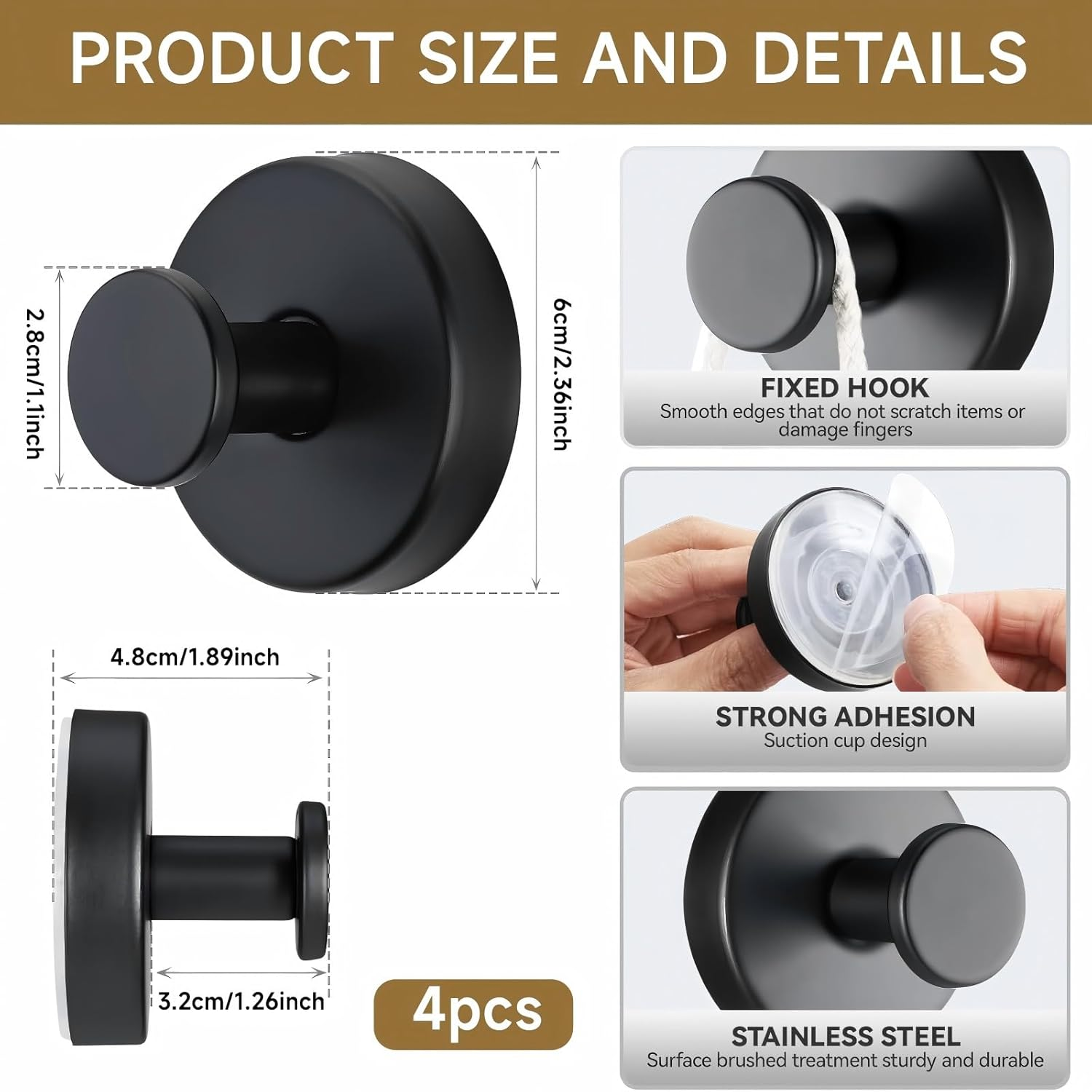 4 Pcs Suction Cup Hooks for Shower, No-Drill Bathroom Hooks Can Pull up to 15 Lbs for Kitchen, Toilet, Restroom on Glass, Suction Hook Suitable for Hanging Towels Suction Hooks, Rustproof, Matte Black - 2 Pcs Gold Bright image number 4
