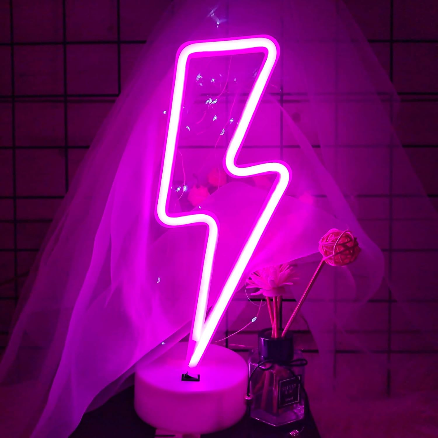 VIFULIN Pink Lightning Bolt Neon Signs Light, Pink Neon Sign Aesthetic Room Decor for Bedroom Aesthetic Battery/Usb Operated Lightning Bolt Light, Gift Idea Kawaii Room Decor LED Light with Base image number 2