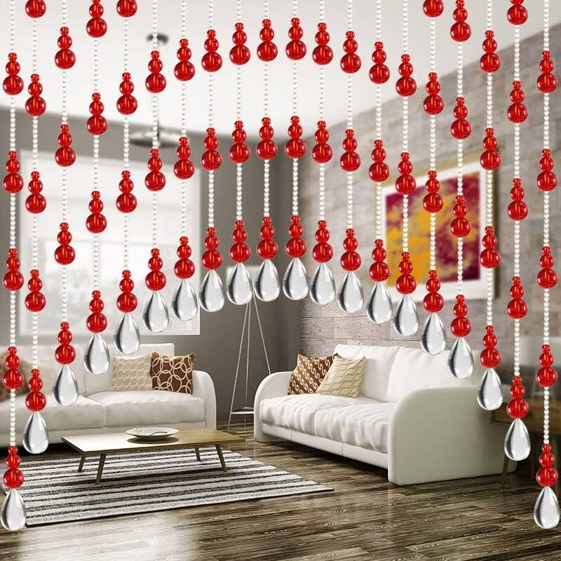 Rekelola Hanging Glass Door Beads Beaded Curtains Valance Self-Adhesive for Doorways Crystals Stran Arched Windows, Clear Crystal Room Bead Partition Curtain Frame Closets 7 Red (Zl-202304-Red)