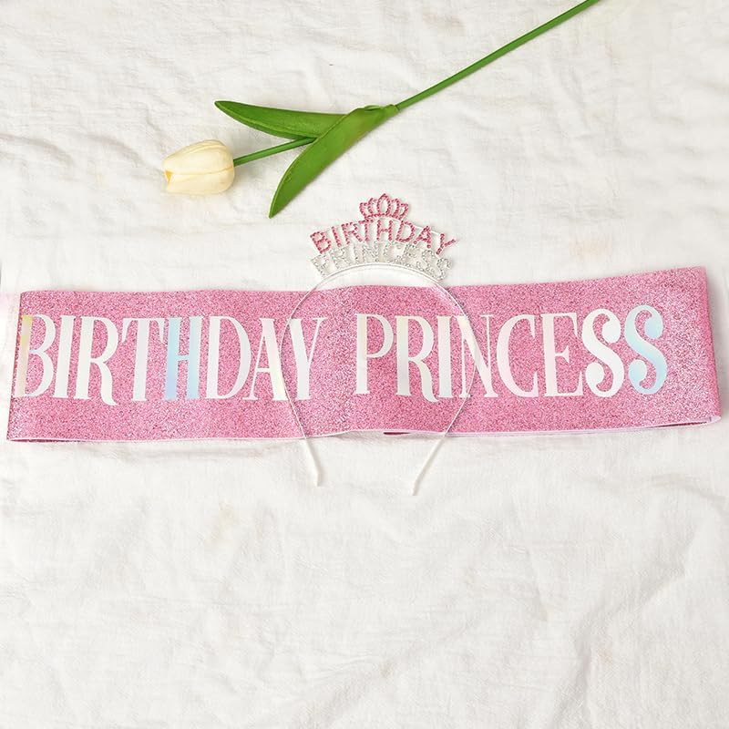Birthday Princess Sash Headband Set Silver Pink Birthday Girl Crown Headpiece for Women Girls Happy Birthday Party Hats Supplies Decors Signs Birthday Presents for Girls Daughter Granddaughter image number 5
