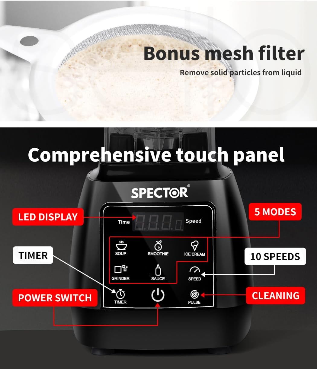 Spector 2L High Speed Commercial Blender, Mixer Food Processor, Juicer Smoothie with Timer, Ice Breaker, Ice Crush, 5 Modes, 10 Speeds, 1600W Power Motor, Blend, Chop, Grind & Pur&eacute;e, Black - Red image number 6