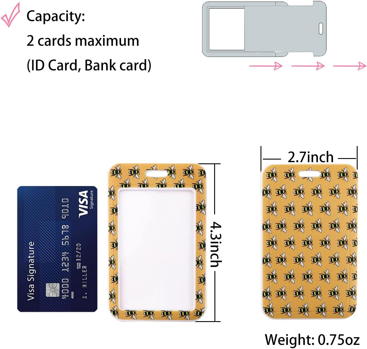 Bee Lanyard with Card Holder Set for Neck Keys School Kids ID, Cute for Men Women Business - Little Bee image number 5