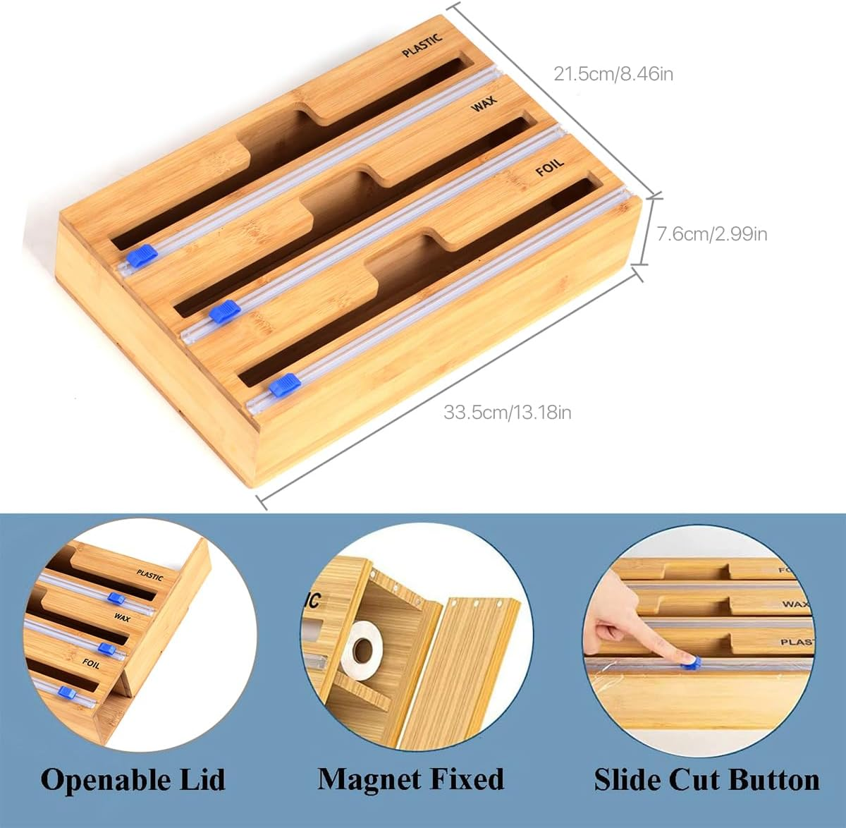 3 in 1 Wrap Dispenser with Cutter, Plastic Wrap, Aluminum Foil and Wax Paper Dispenser for Kitchen Drawer, Bamboo Roll Organizer Holder, Compatible with 12" Roll 2.2" Tall image number 4