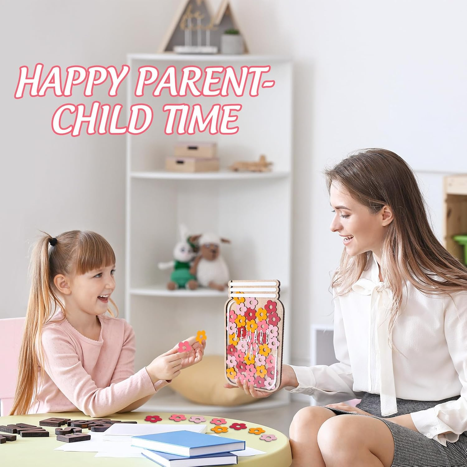 Jarthenaamcs Wooden Reward Jar for Kids Daisy Flower Cutouts Positive Incentive Behavior Chart with Base Management Tools Decoration Reward System for Student Teacher School Classroom Supplies, 38Pcs image number 3