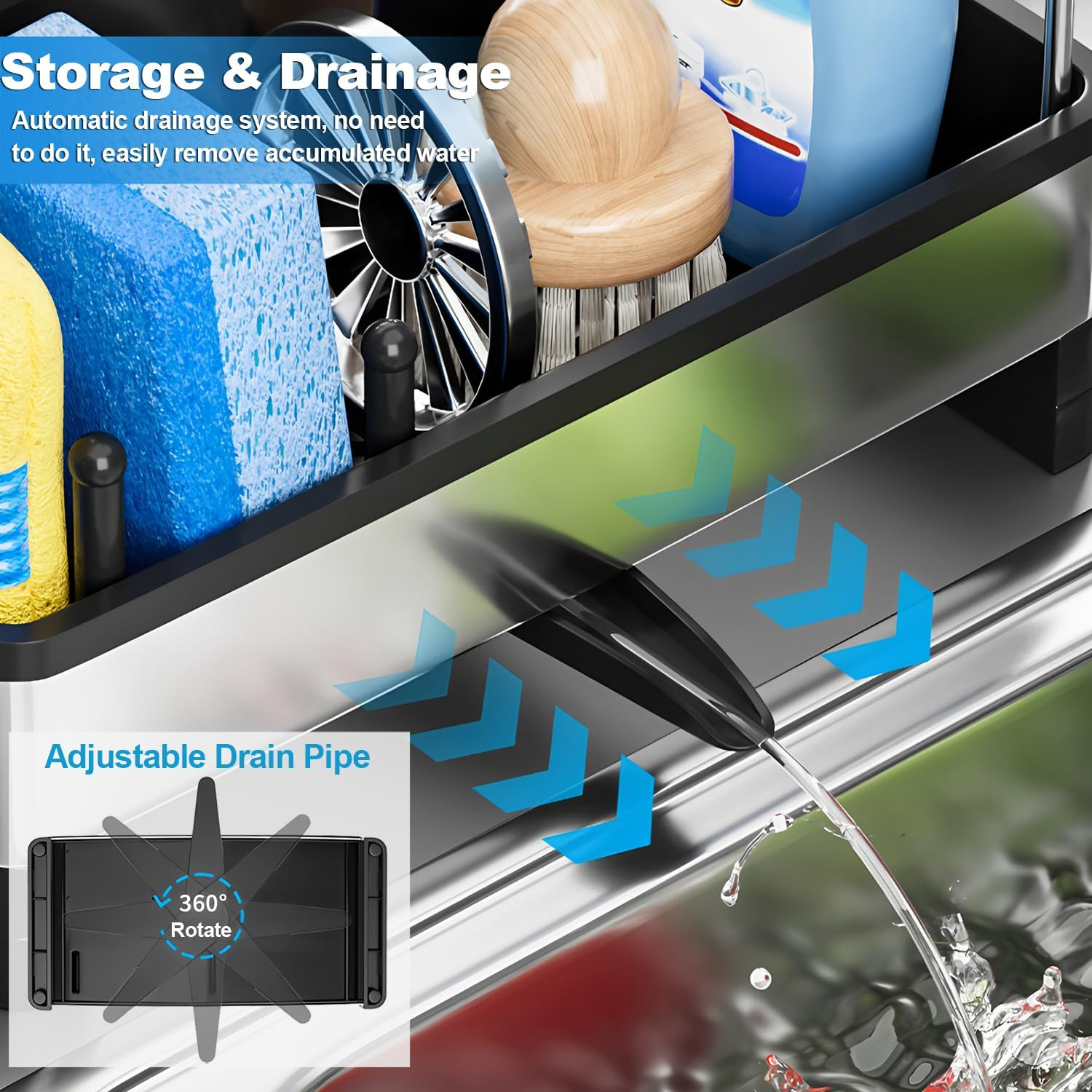 AIMANWEI Kitchen Sink Caddy Organiser,Sponge Holder for Kitchen Sink with Self Draining Tray,Rag Holder,Brush Holder,304 Stainless Steel,Soap Dispenser Storage Accessories for Storage image number 1