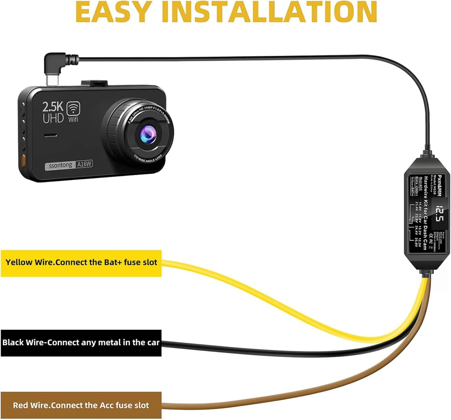 ACC Dash Cam Hardwire Kit with Voltage Indicator, Low Voltage Protection, 12V-24V to 5V USB-C Power Port, 24/7 Parking Mode, 3-Core Cable, Includes 4 Types / 8 Adapters & 6 Fuses for Dash Camera, GPS image number 3