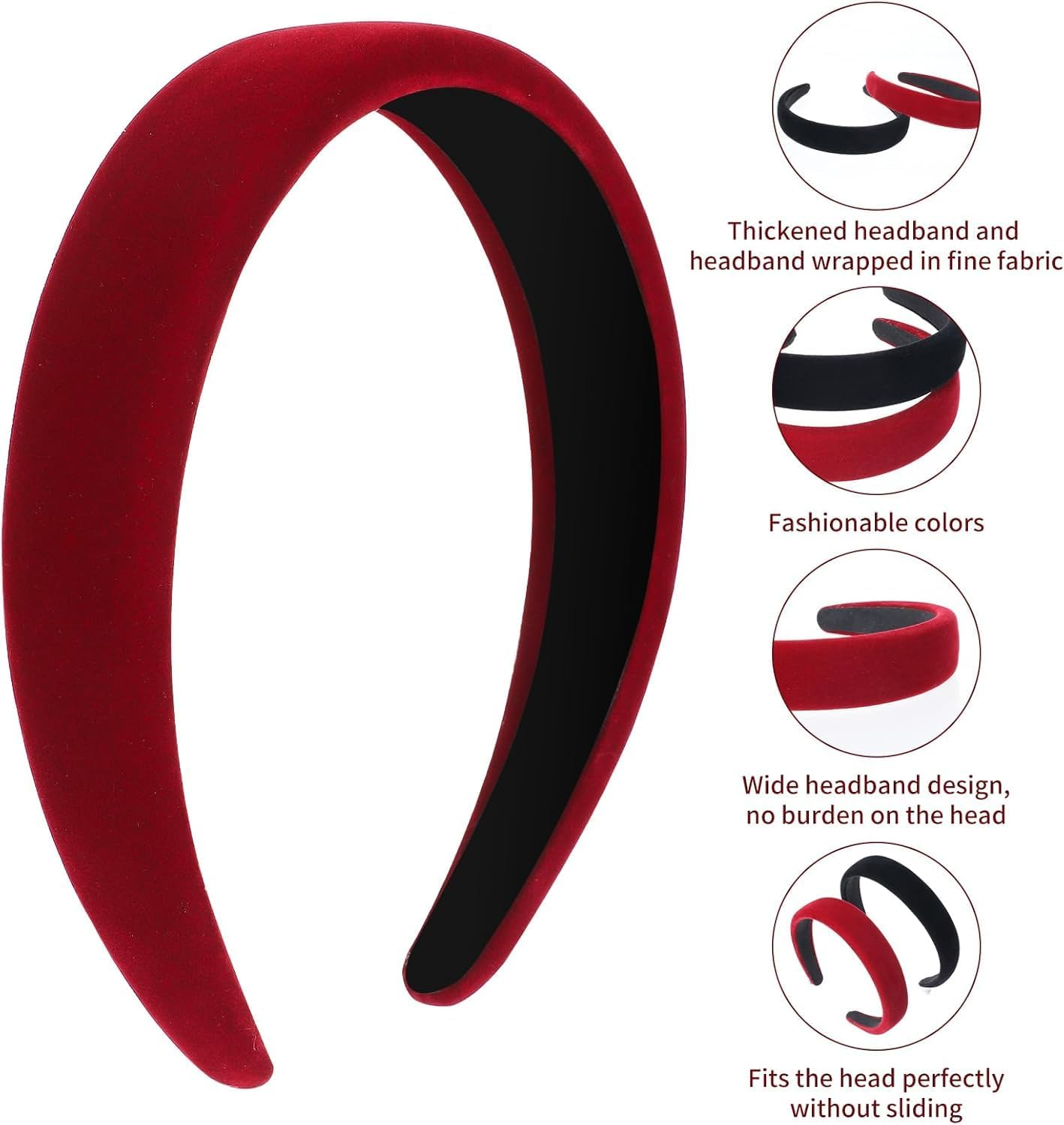 Black Red Velvet Padded Headbands,2Pcs Black Red Wide Thick Velvet Headband,Black Red Wide Velvet Headband Hair Band,Black Red Wide Padded Headbands Velvet Headbands Non-Slip Fashion Velvet Hair Band