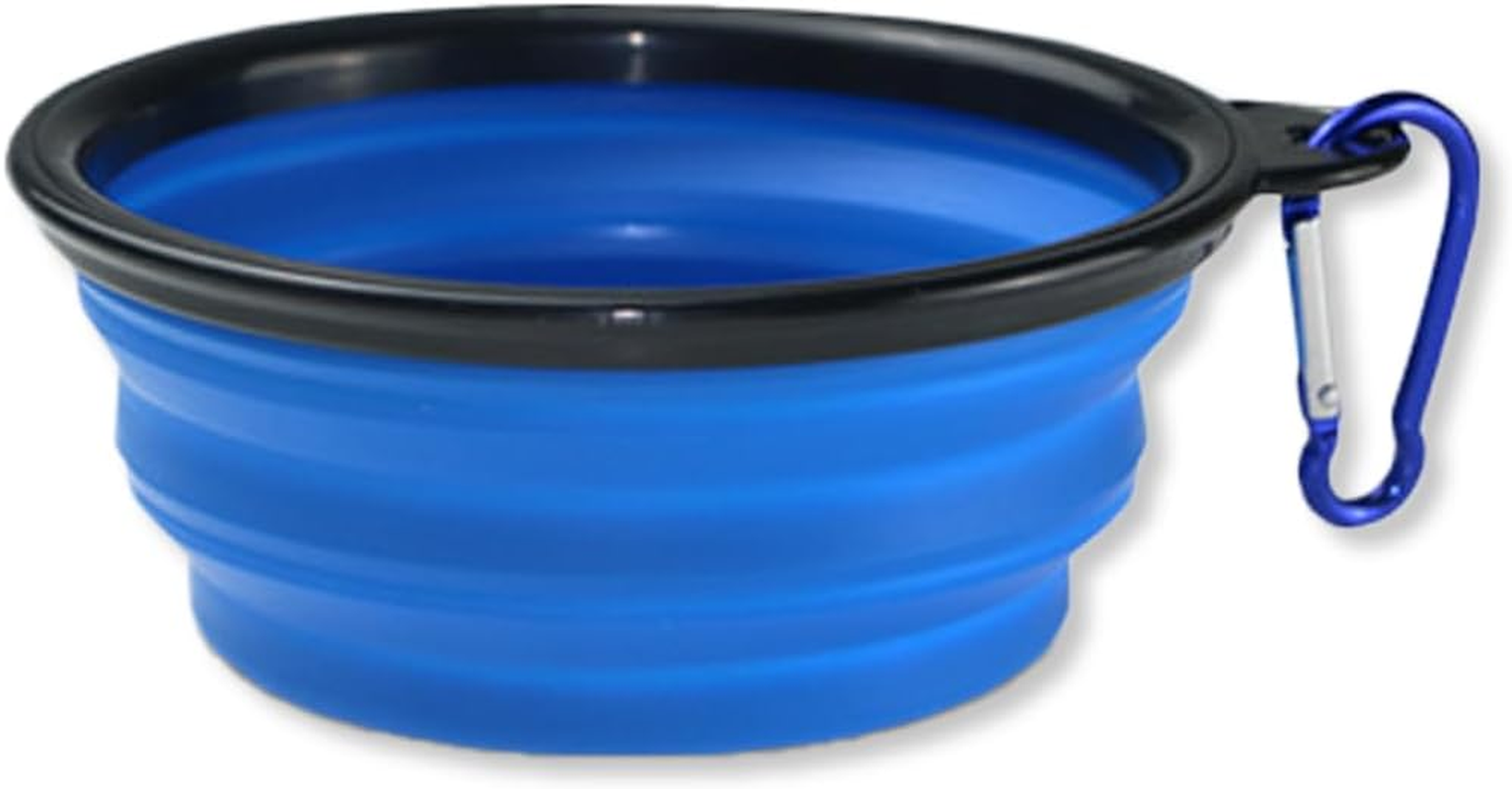 SGERUFZ Dog & Cat Travel Bowl Single Piece TPE and ABS with Silver Carabiner for Water & Food Ideal for Travel (Black Rim, Blue Body) image number 2