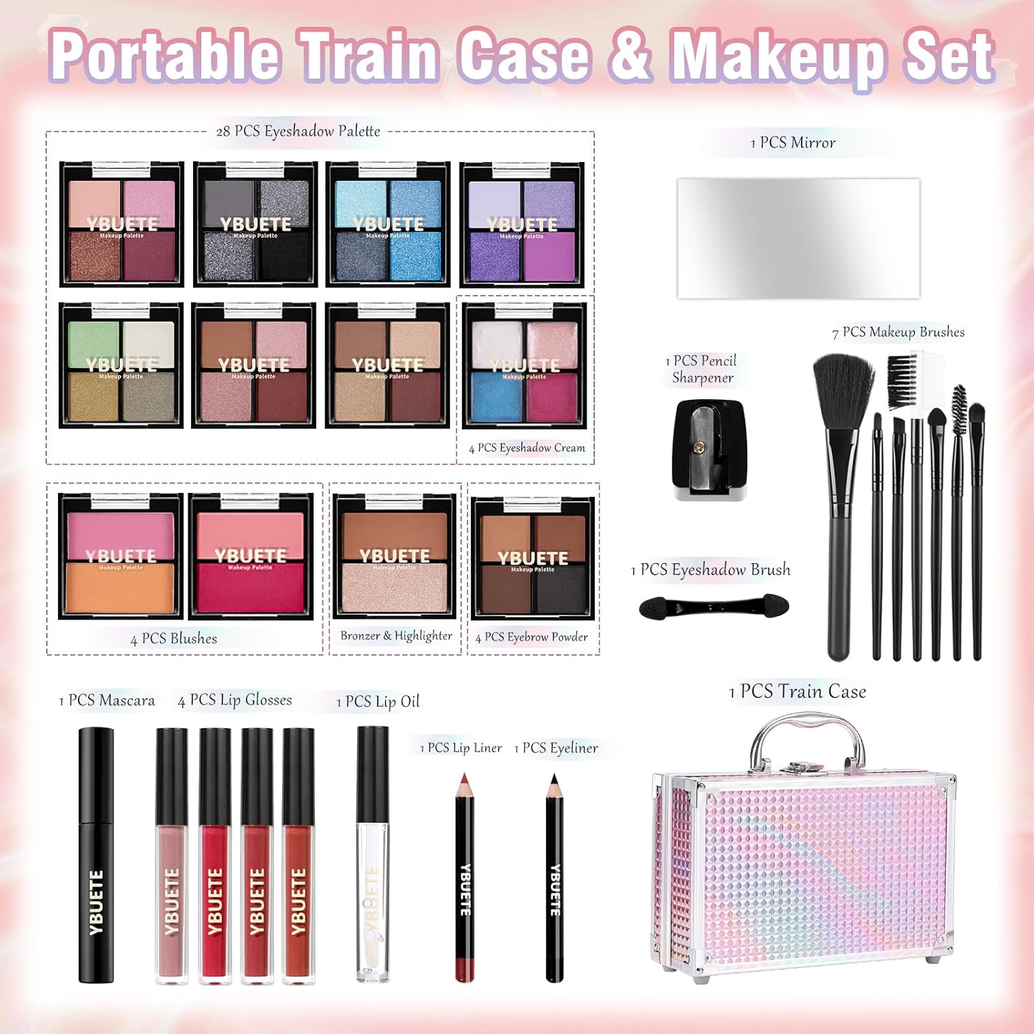 Makeup Kit with Train Case for Teen Girl Women, Full Starter Cosmetic Set, Beginner Makeup Present, Reusable Full Cosmetic Train Case for Girl, Included Eyeshadow Blush Contour Eyebrow (Purple) image number 2