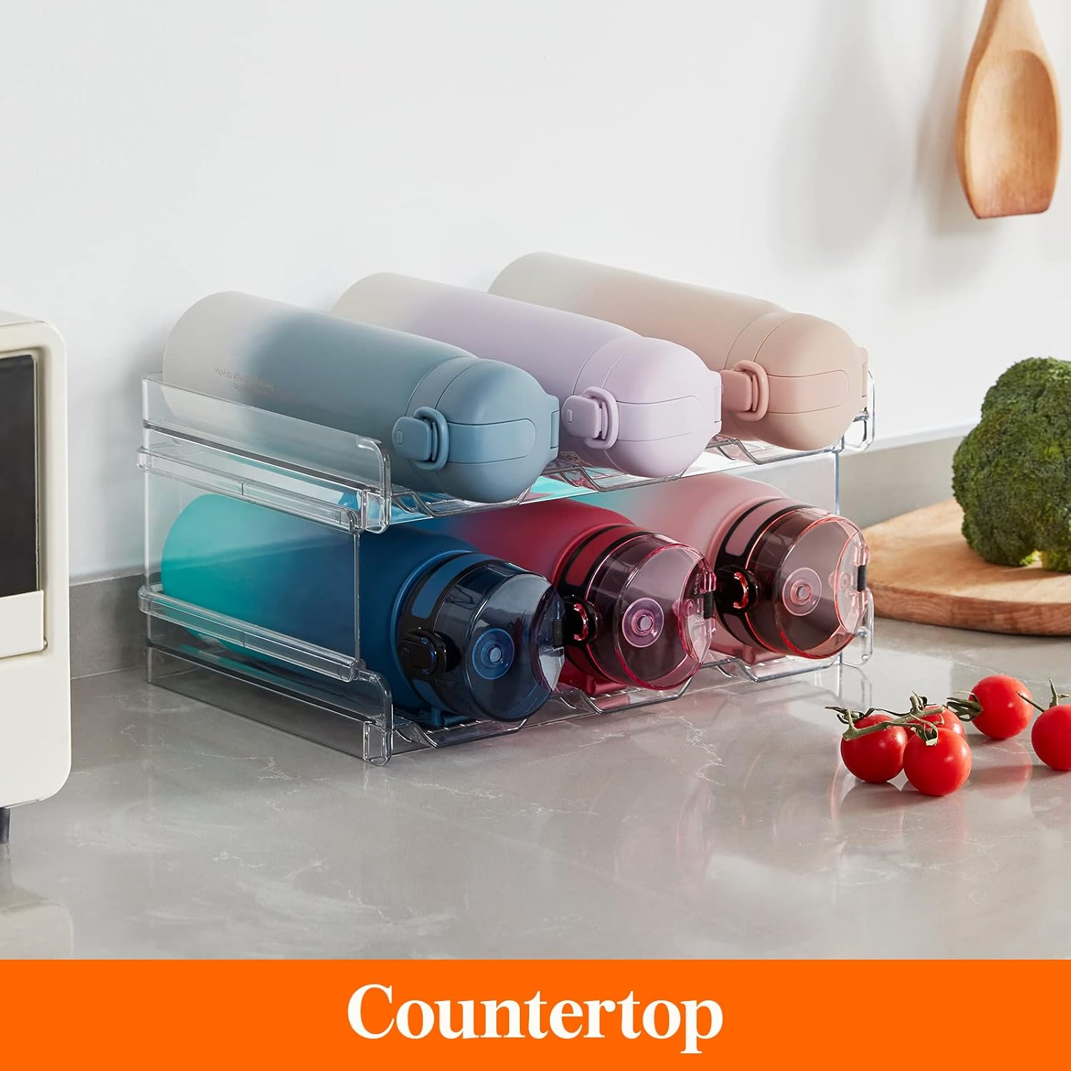 Lifewit Stackable Water Bottle Organiser for Cabinet, Water Bottle Holder, Kitchen Pantry Organization and Storage, Plastic Fridge Wine Racks, Tumbler Travel Mug Cup Holder, 2Pack, Hold 6 Bottles image number 5