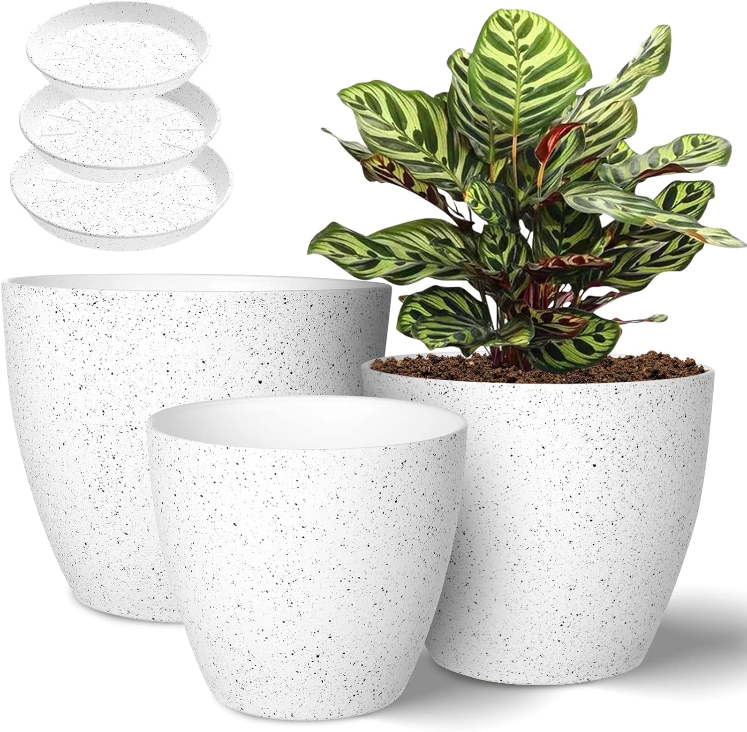 Vanavazon Flower Pots 9/8/7 Inch Set of 3 Flower Pots Indoor Outdoor Modern Decorative Planters with Drainage Hole and Tray (White)