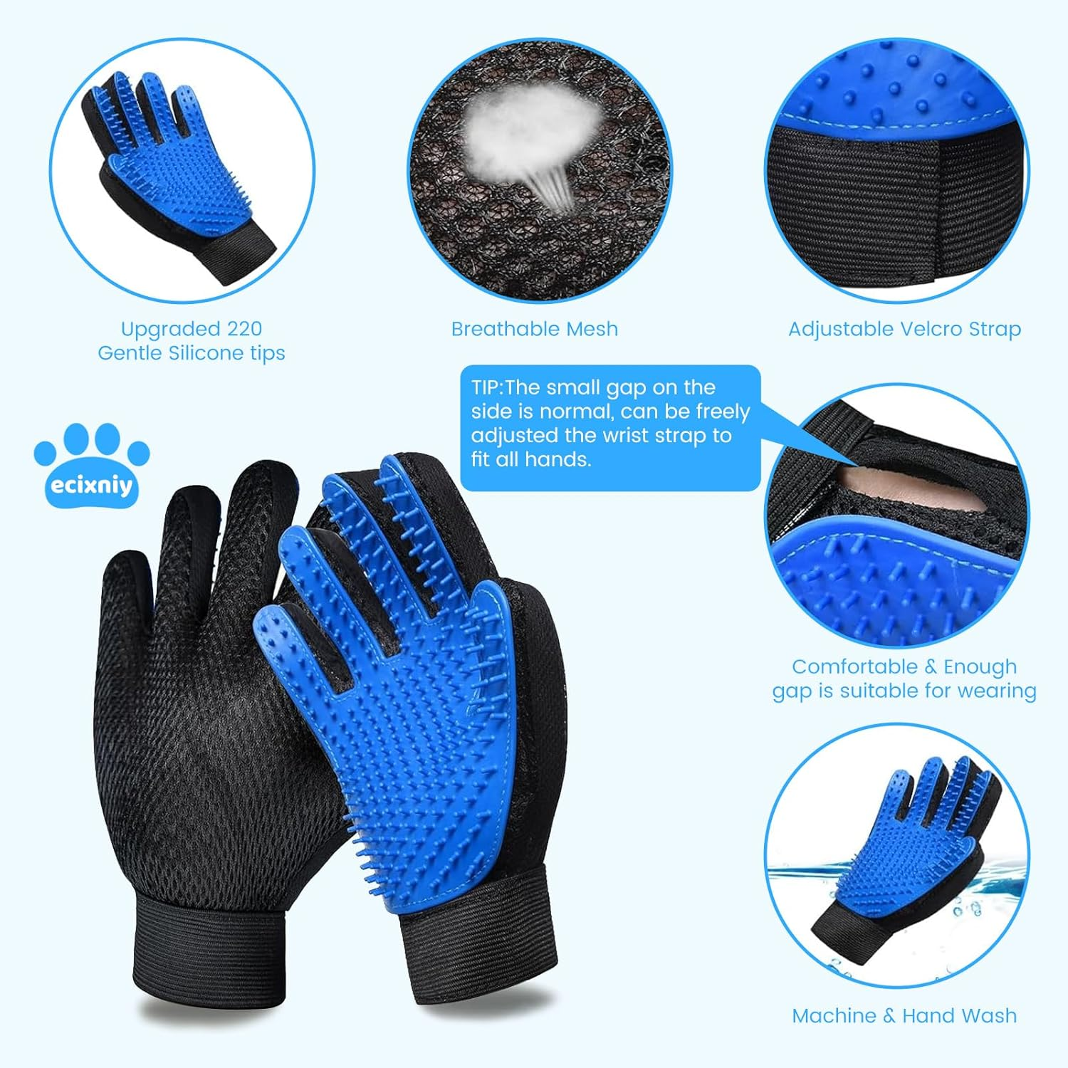 【Ecixniy】Pet Grooming Gloves,One Pair Gentle BPA Free Dog Washing Glove,Pet Hair Remover,Cat Brush Fur Removal Groomer for All Pet Hair Removal Needs-For a Clean Home & Happy Fur Babies.（1Pair Blue） image number 1