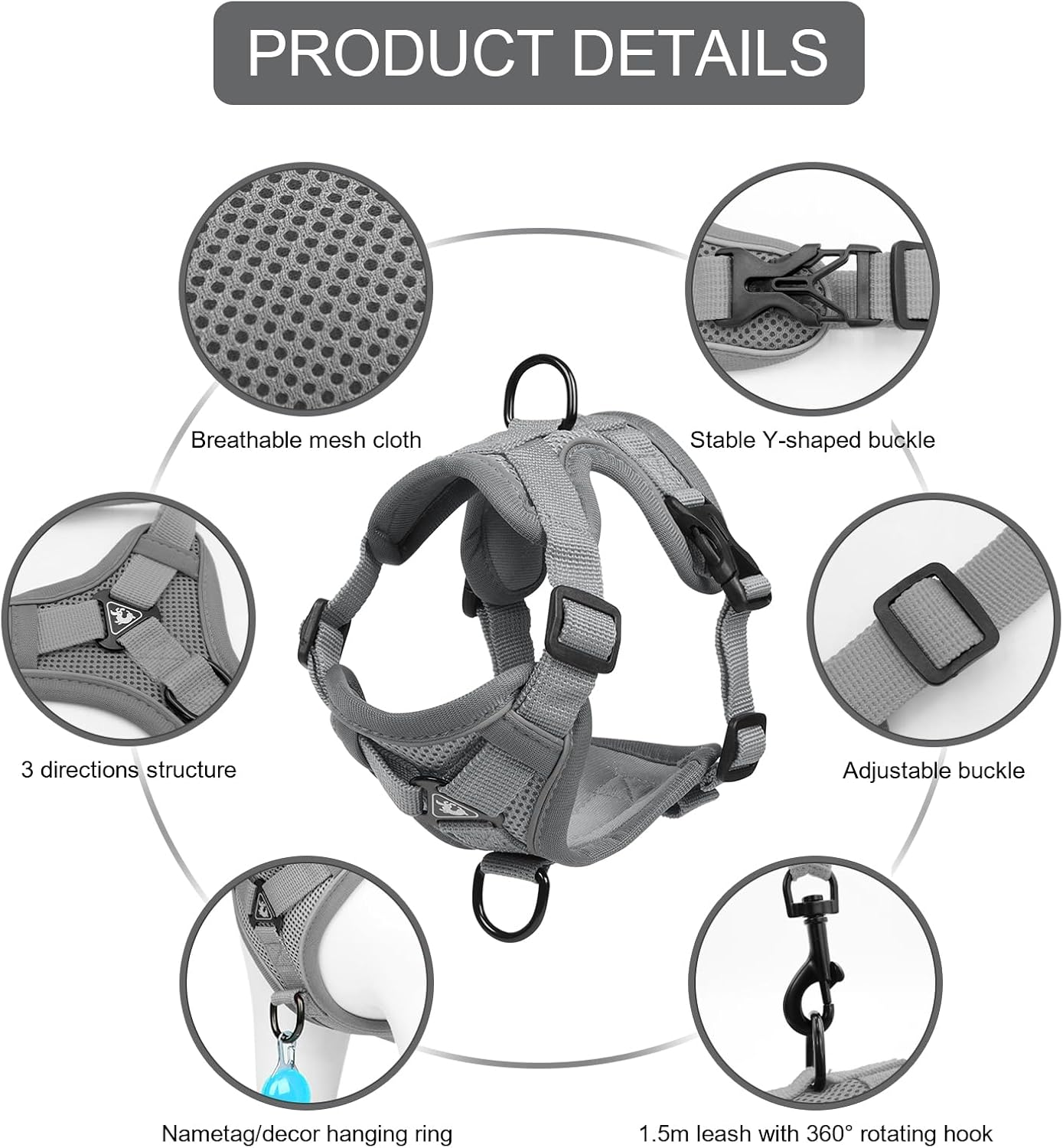 Cat Harness and Leash Set, Upgraded Escape Proof Adjustable Vest with Lead for Large Cat Small Dog Puppy Outdoor Walking, Soft Breathable Mesh Jacket with Reflective Strips for Dark Night L Gray image number 2