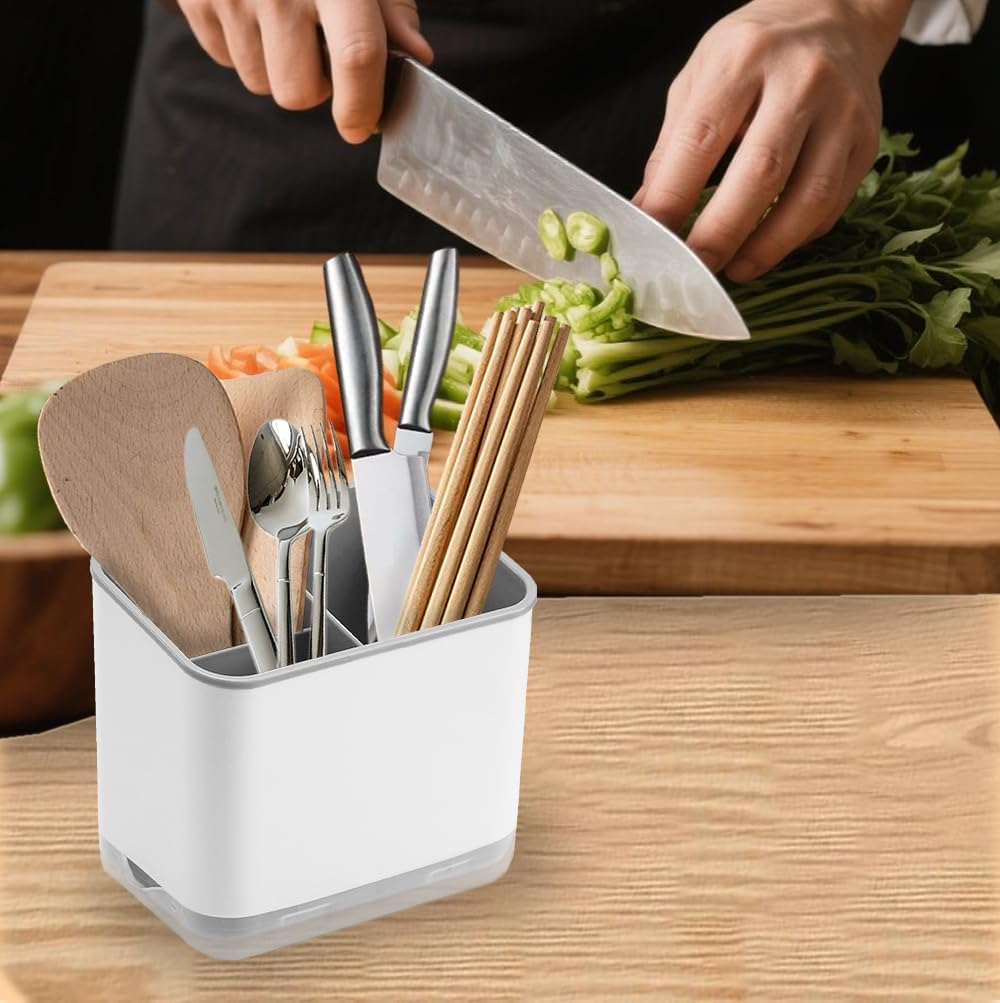 Utensil Holder Cutlery Drainer Sink Caddy, Removable Chopsticks Holder, Grey Plastic Kitchen Organizer, Fork Drain Rack for Spoon Knife Brush image number 6