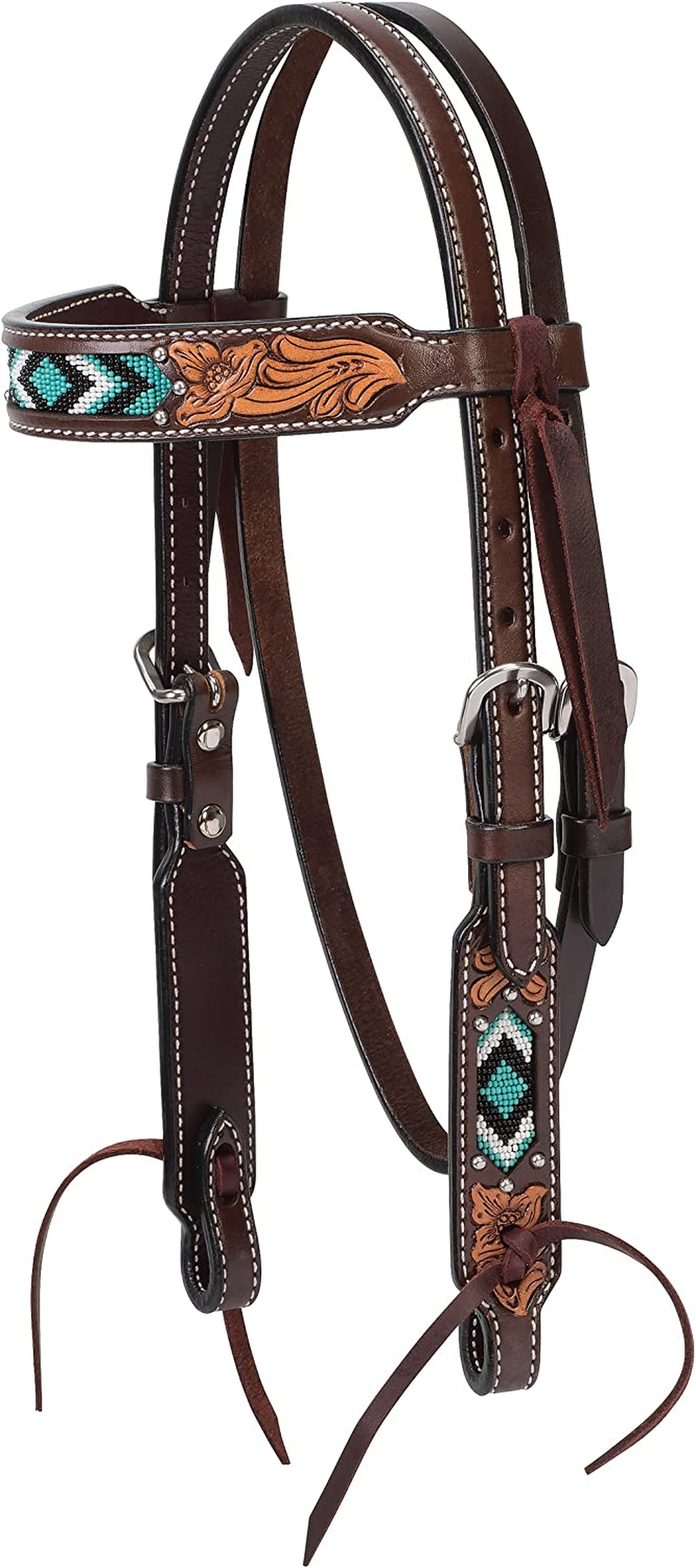 Weaver Leather Turquoise Diamond Beaded Horse Headstall, Leather Headstalls for Horses for Trail Riding, Durable Equine Supplies, Dark Oil image number 2