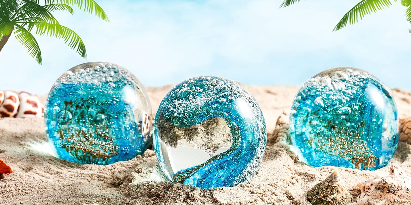 EUSTUMA Hand Blown Glass Figurines Ball Ocean Waves,Paperweight Glass Ball,Home Decor Collectible,Aquarium Decor,Office Decor Ocean Lovers - Apple image number 3