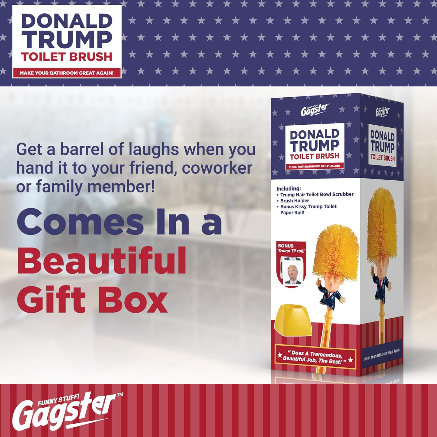 Donald Trump Toilet Brush and Trump Toilet Paper Roll Bundle - Funny Political Gag Gift Toilet Bowl Cleaner Scrubber with 3-Ply Bathroom Tissue Paper - Hilarious Trump Hair Unique Gift Idea