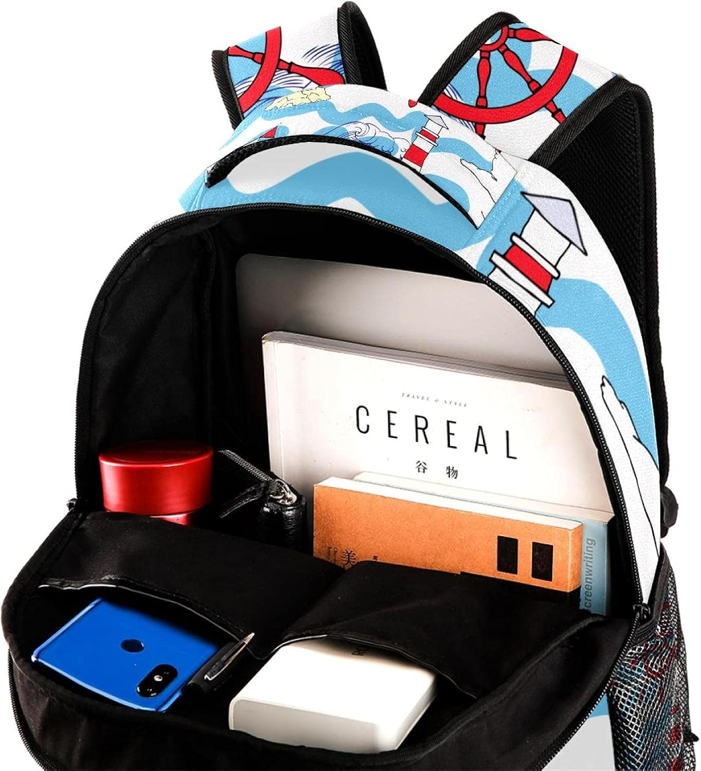 Nautical Travel Sea and Ocean Wheel Lighthouse Backpack Students Shoulder Bags Travel Bag College School Tote Backpacks image number 5