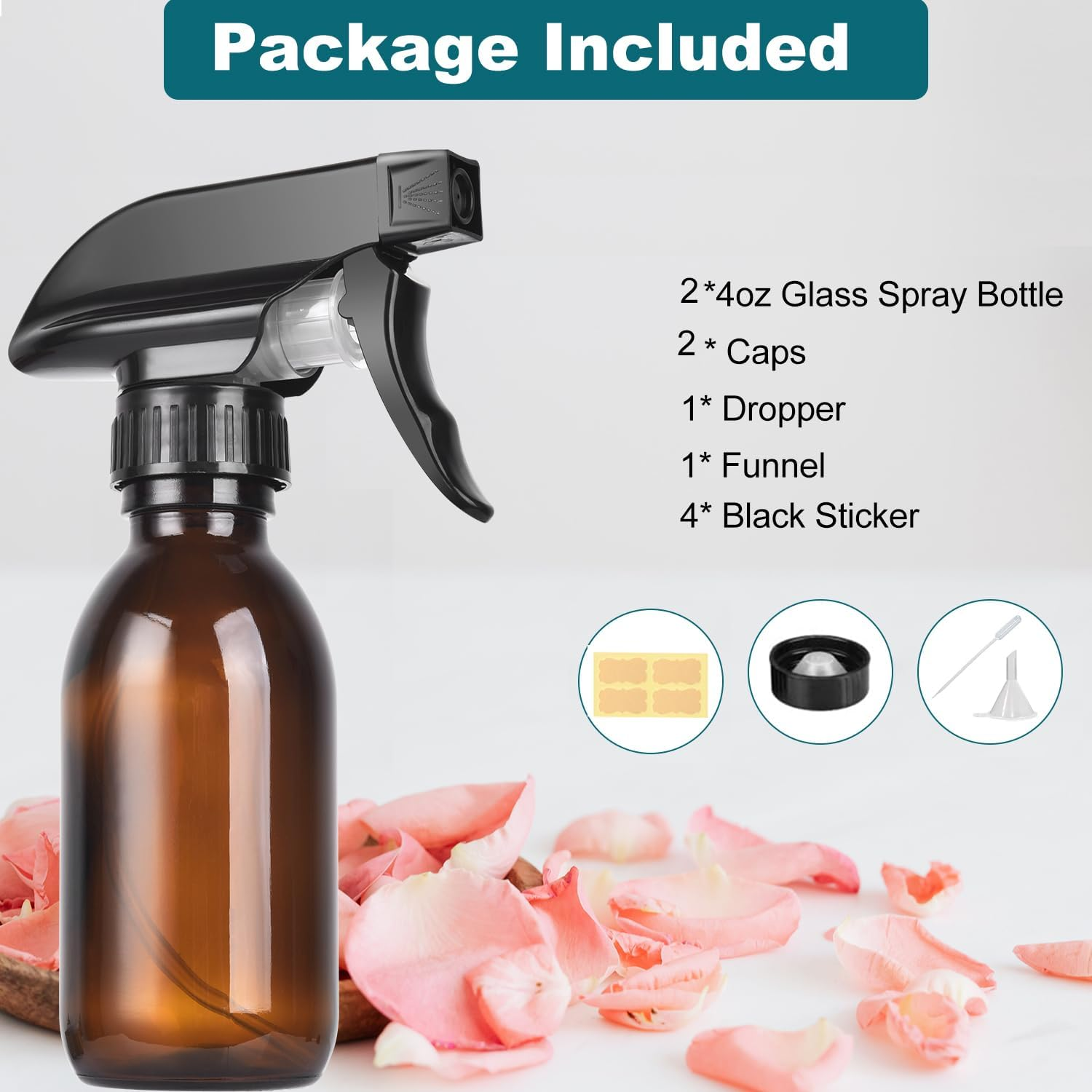 LANBEAUTIFY 4 Oz Amber Glass Spray Bottles - 2 Pack Empty Refillable Bottle for Cleaning Solutions,Hair Care,Essential Oils, Plants - Durable Nozzle,With Labels &Funnel, Dropper image number 5