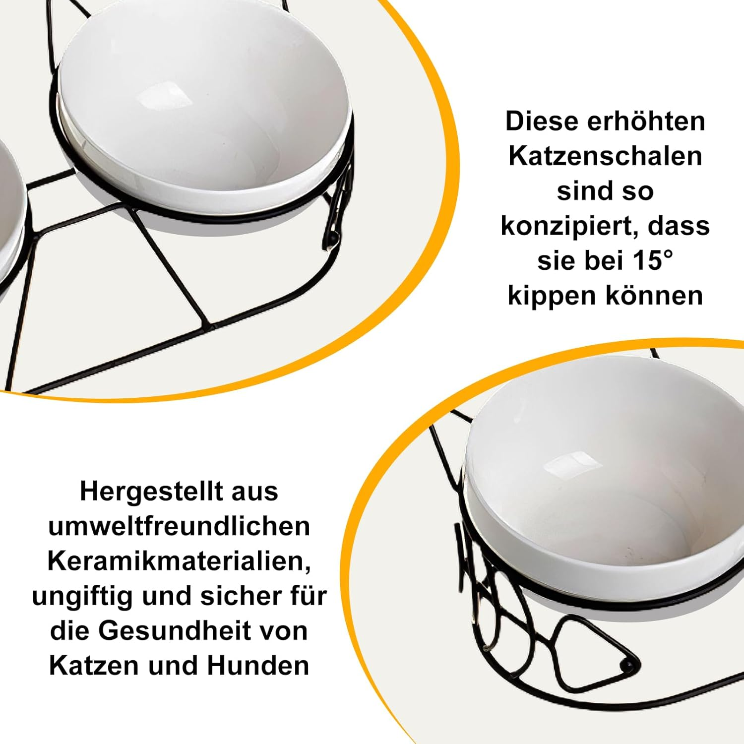 Raised Cat Bowl, Ceramic Feeding Bowl, Feeding Station, Raised Set of 3 with 15&deg; Tilted for Cats and Small Dogs, Double Bowl