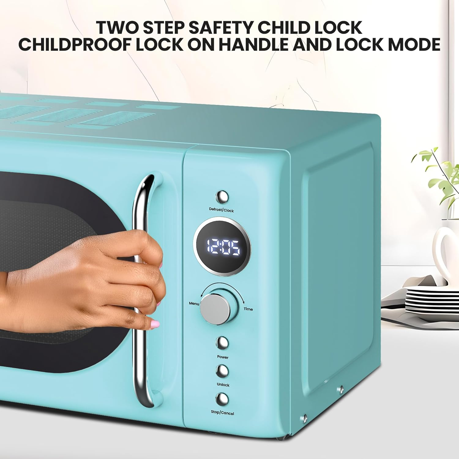 Total Chef Retro Microwave Oven | 20L | Quick Start & Defrost by Weight/Time | 8 Pre-Set Cooking Modes for Coffee, Rice, Pasta, Potato, Reheat, Fish, Pizza, Popcorn | 700W (Blue) - Black image number 5