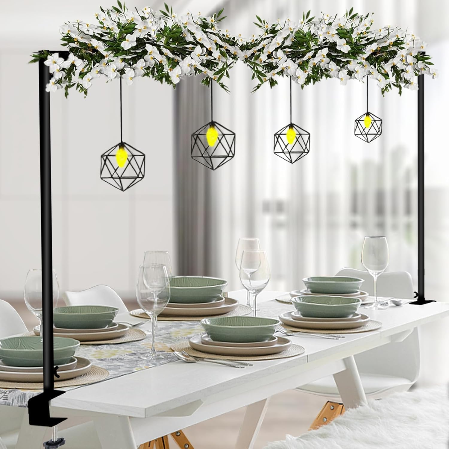 Uandhome over the Table Rod Stand with Clamps, Adjustable Table Arch Stand, 44.9''-126'' Tall, 29.5"-43.3" Long, Metal Balloon Stand for Wedding, Birthday, Halloween,And Christmas Decoration(Black) (Black)