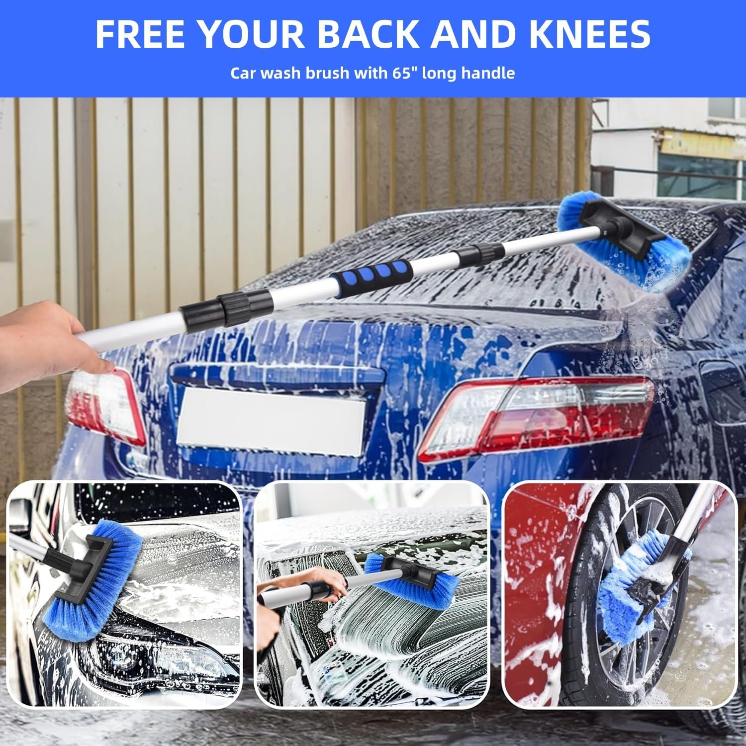 65" Car Wash Brush with Long Handle,Car Wash Mop, Windshield Cleaner Multi-Functional Wash Brush，Flow-Thru Soft Bristle Car Washing Brush with Extendable Handle and Hose Attachment for Car, Boat image number 5