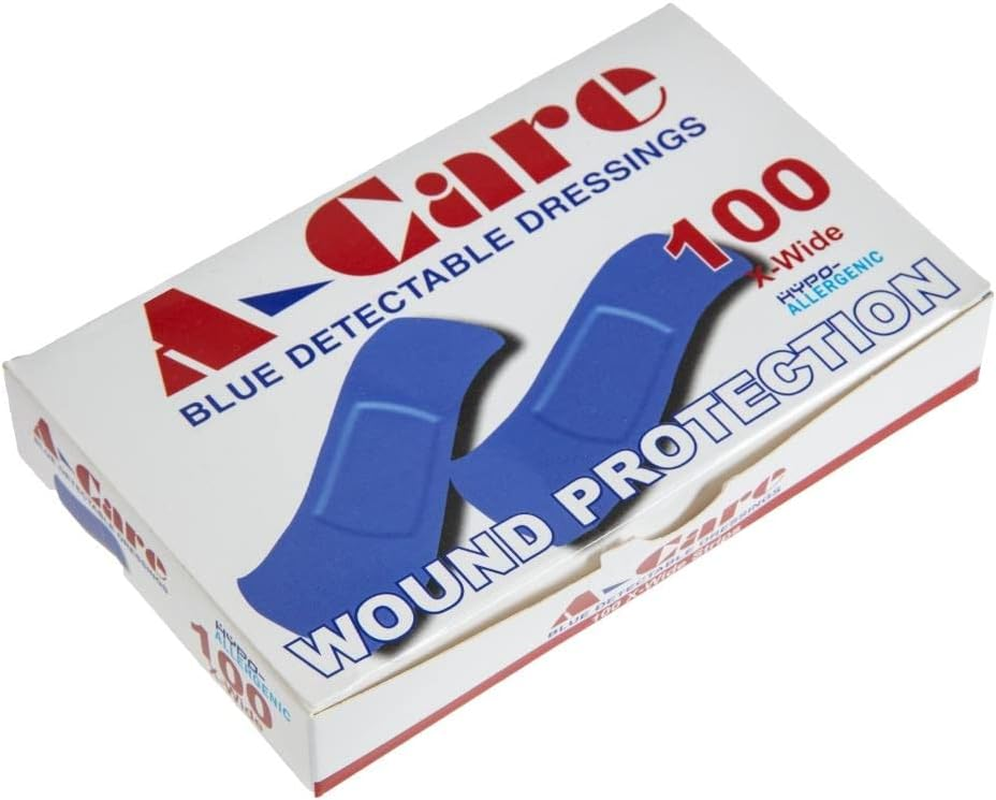 A-CARE Detectable Standard Strips, First Aid Blue Metal Detectable Adhesive Plasters for Food Handling, Hypo-Allergenic Latex-Free with Strong Adhesion, Size 7.5 Cm by 2.5 Cm, Box of 100 image number 5