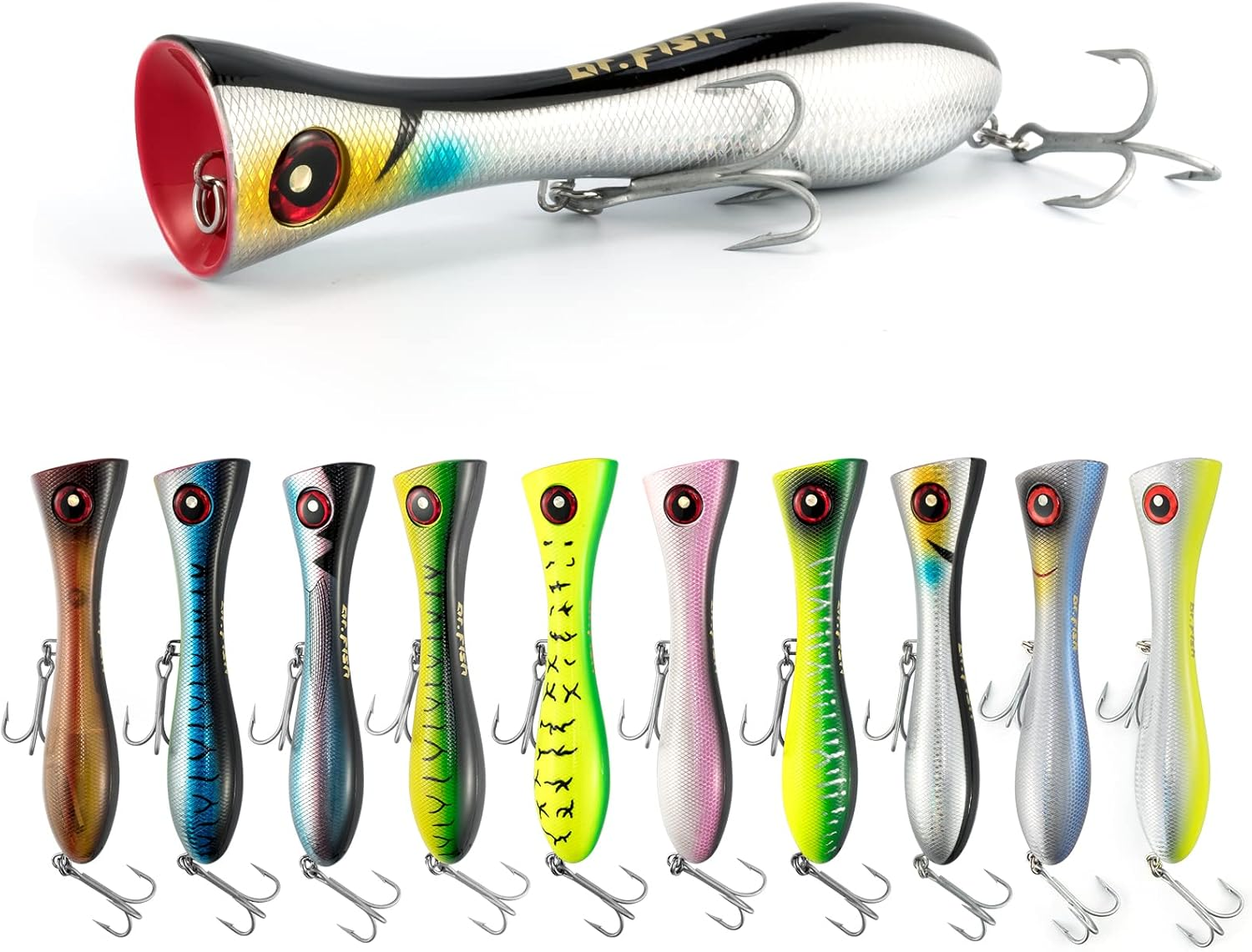 Dr.Fish Saltwater GT Popper 8" Fishing Lures Topwater VMC Treble Hooks Surf Fishing Offshore Big Game Wire through Heavy Duty - Black,Blue image number 7