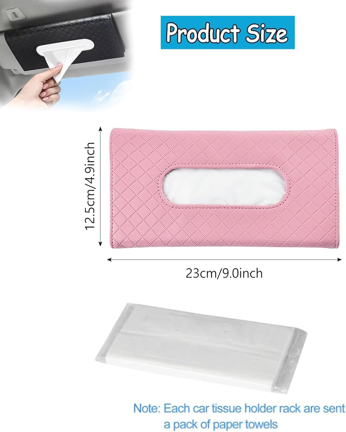 Car Tissue Holder, Car Visor Tissue Holder, PU Leather Car Tissue Holder, Hanging Paper Towel Clip, Car Sun Visor Accessories, Compatible with Most Cars (Pink) image number 2