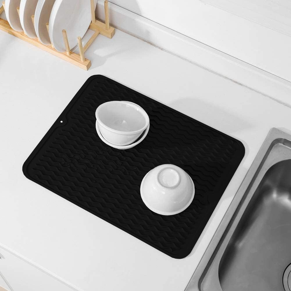 Silicone Dish Drying Mat, Multiple Usage Dish Drying Mat, Easy to Clean,Heat-Resistant Silicone Mat for Kitchen Counter/Sink/Bar/Bottle/Cup (Black)