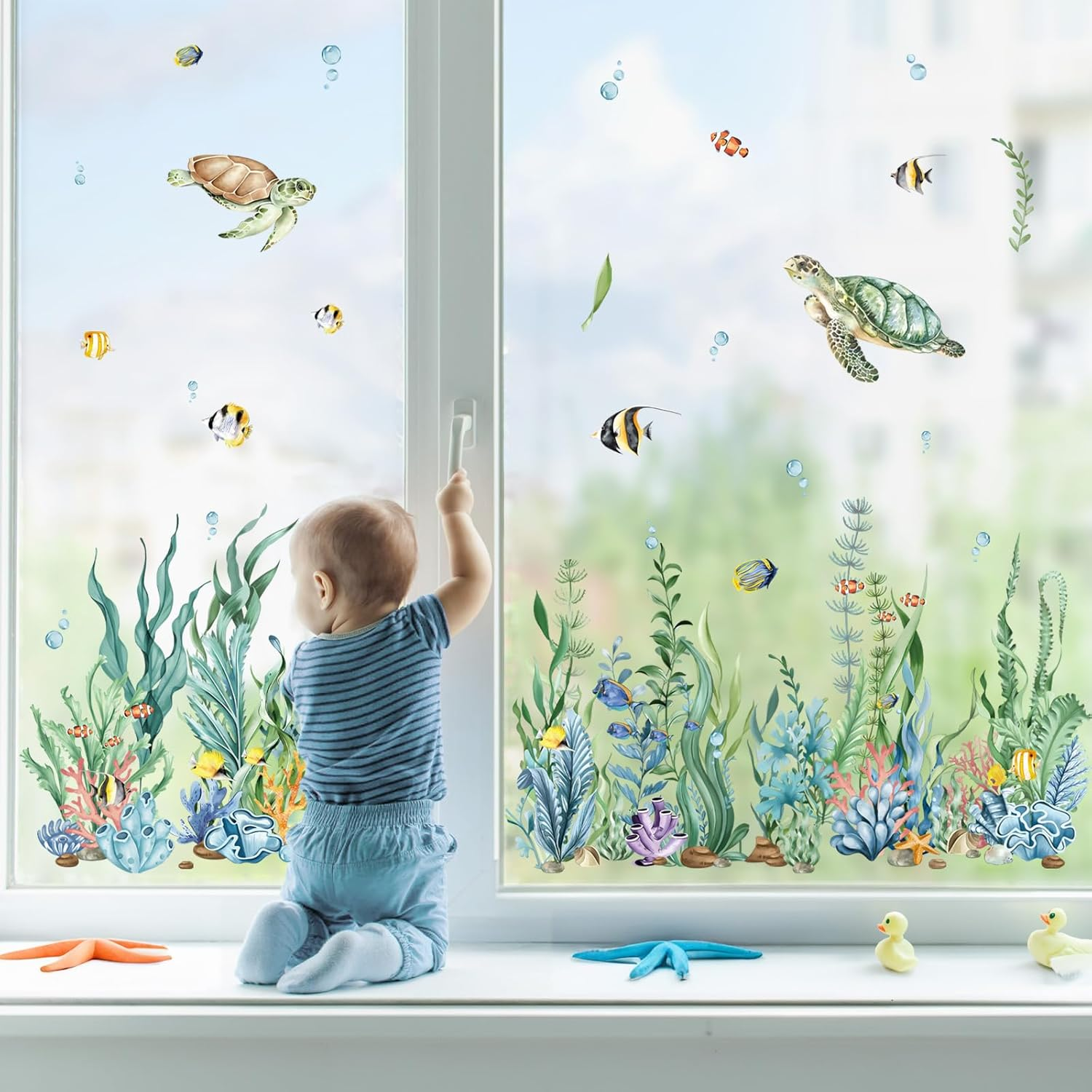 Decalmile Summer under the Sea Seaweed Double Sided Window Clings Ocean Grass Turtle Fish Window Decals Anti-Collision Glass Window Doors Window Stickers image number 1