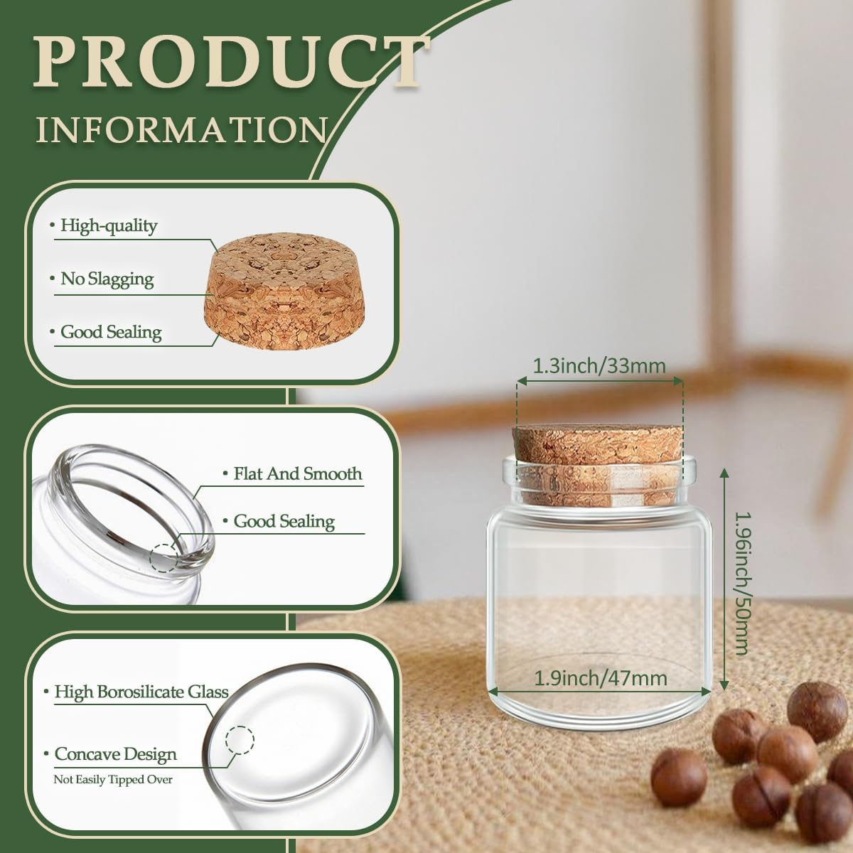 JIUYUE 15 Pcs 50 Ml Glass Bottle with Cork,Jars with Cork Lids(1.7 Oz-1.85X1.96 Inch)