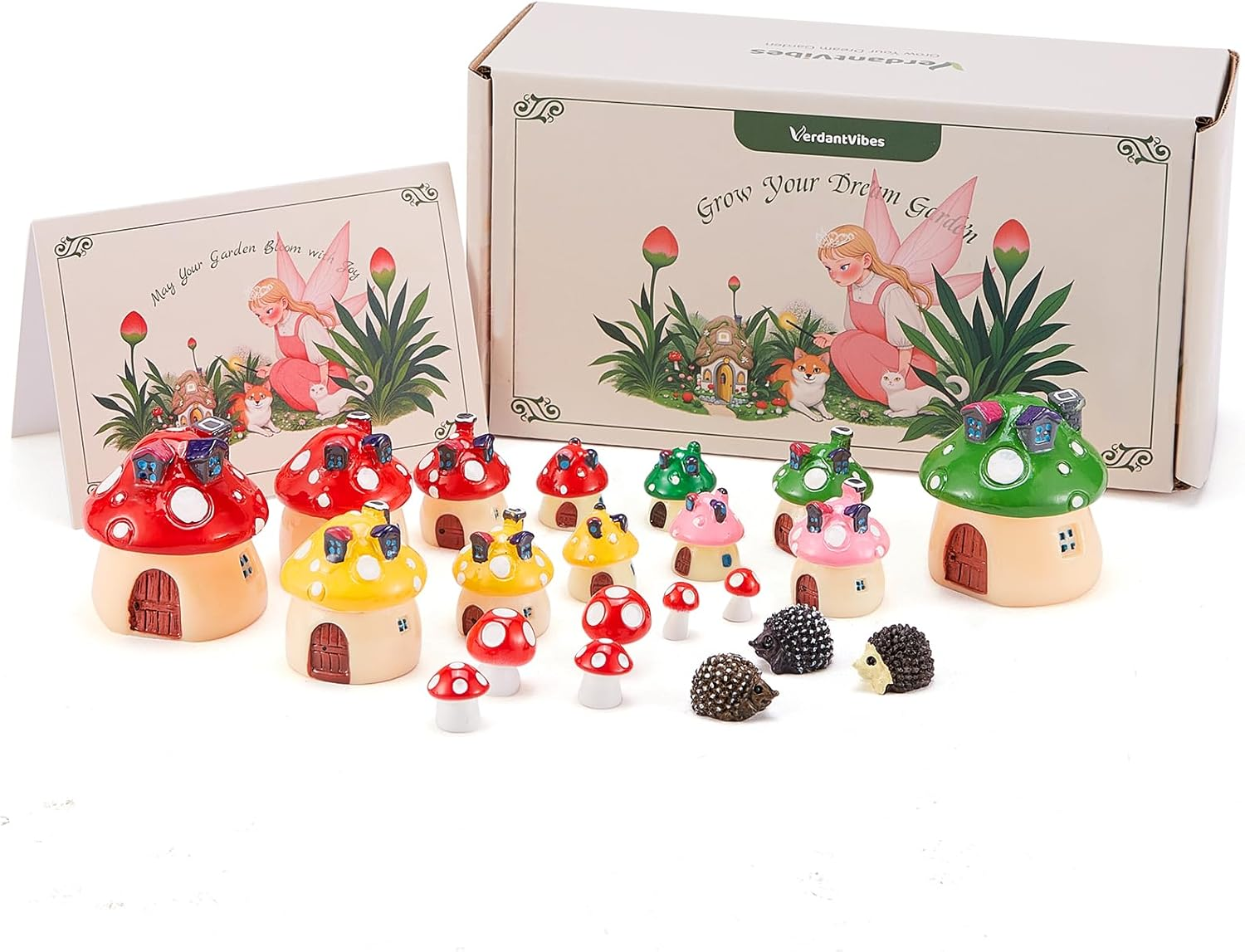 Verdantvibes Fairy Garden Kit &ndash; 23-Piece Miniature Fairy Garden Accessories Set (18 Mushrooms, 3 Hedgehogs) with Gift Box & Card &ndash; Miniature Fairy Garden Decor for Indoor & Outdoor DIY image number 3